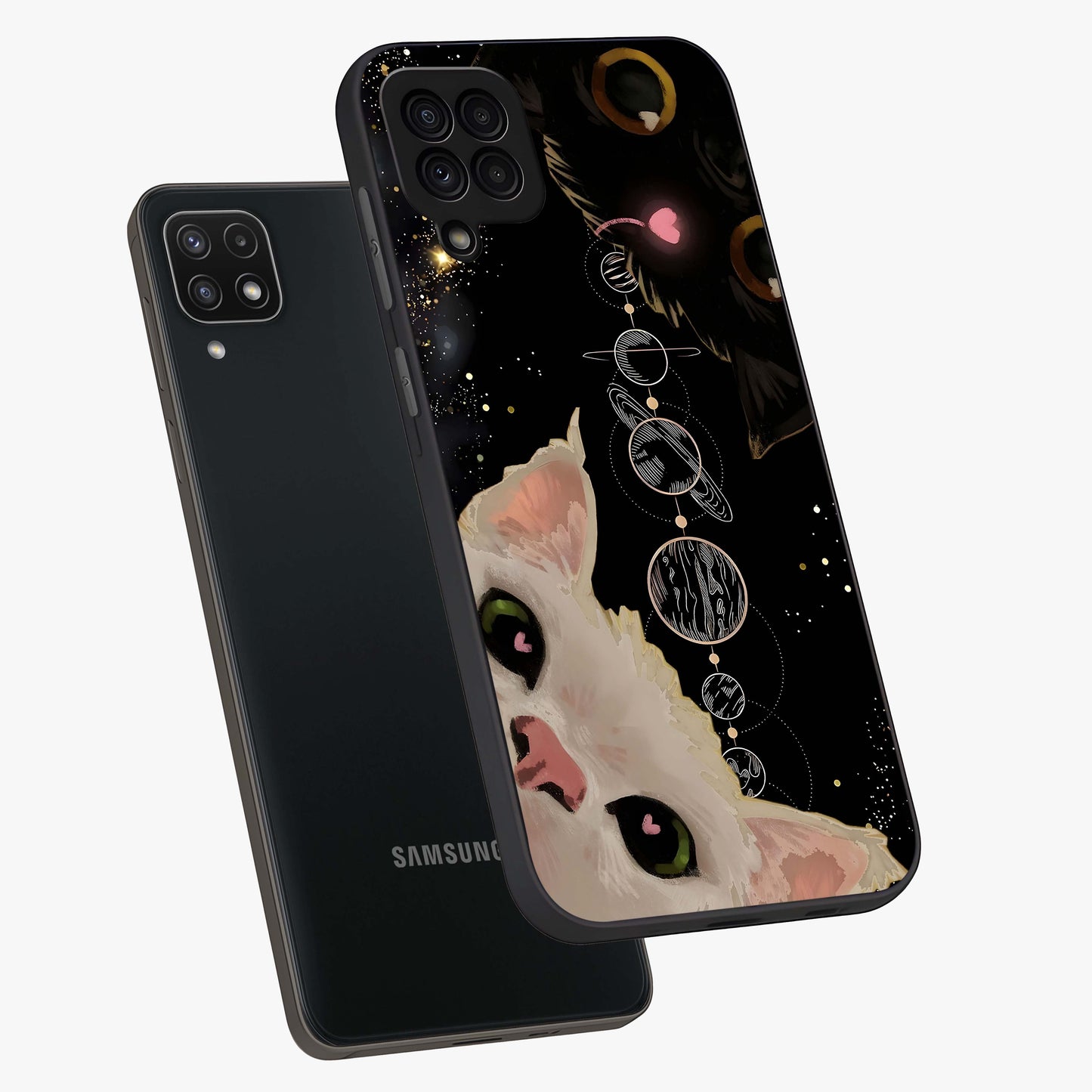 Galactic Cat Glass Case displayed in angled mockup highlighting celestial feline illustration with galaxy aesthetic style.