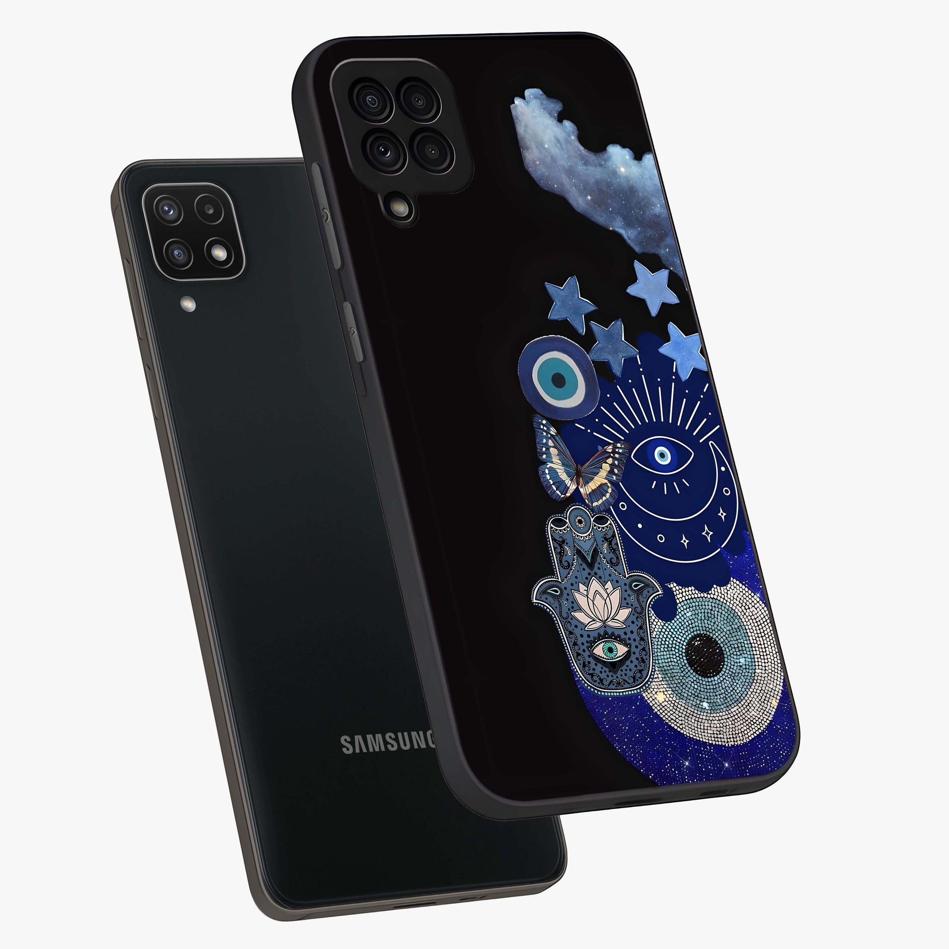 Galactic Charm Cluster Glass Case displayed in angled mockup highlighting luminous galaxy inspired design with dreamy aesthetic.