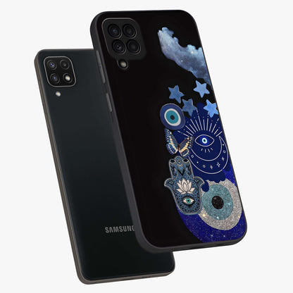 Galactic Charm Cluster Glass Case displayed in angled mockup highlighting luminous galaxy inspired design with dreamy aesthetic.