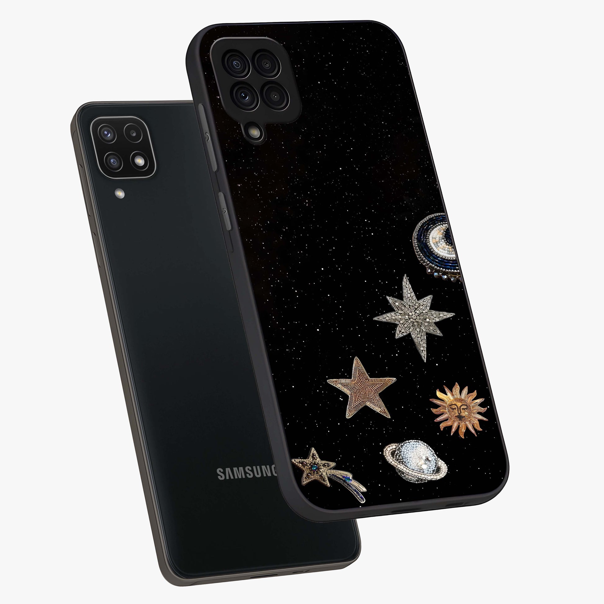 Galactic Charm Glow Glass Case displayed in angled mockup highlighting luminous galaxy inspired design with dreamy aesthetic.