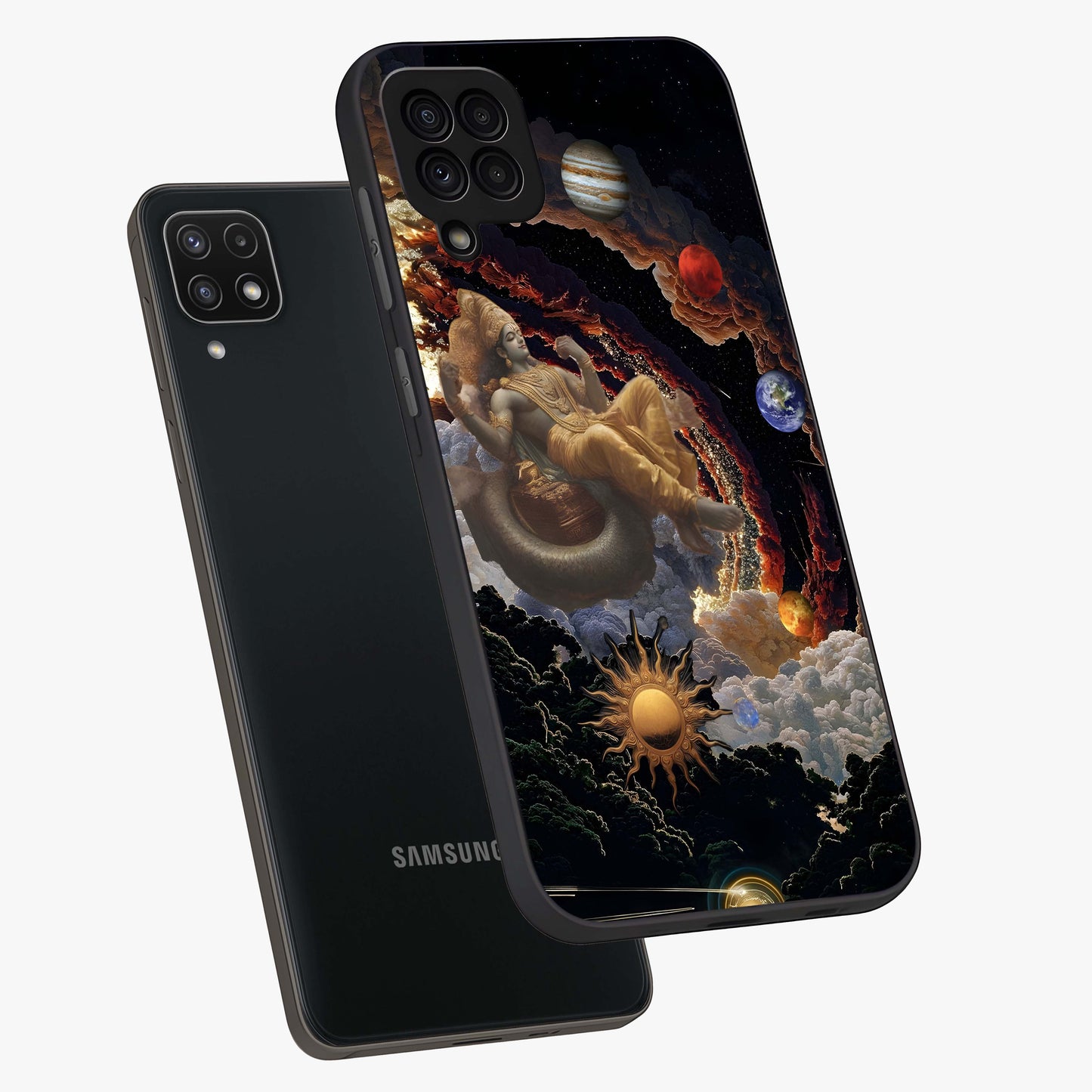 Galactic Divine God Glass Case displayed in angled mockup highlighting powerful celestial deity illustration with galactic aesthetic.