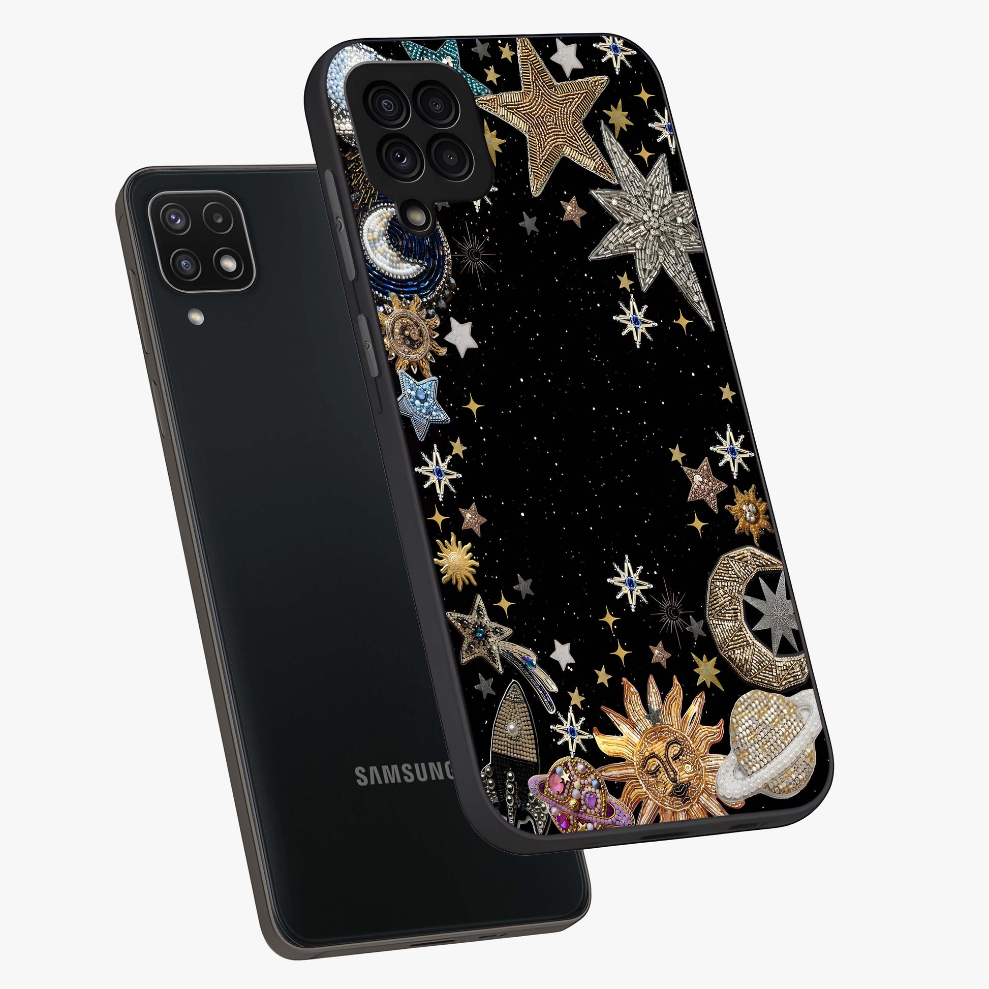 Galactic Jewel Stars Glass Case displayed in angled mockup highlighting shining celestial star design with cosmic aesthetic style.