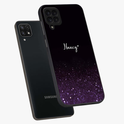 Glittery Purple Bokeh Custom Name Glass Case displayed in angled mockup highlighting glitter bokeh pattern with custom name feature.