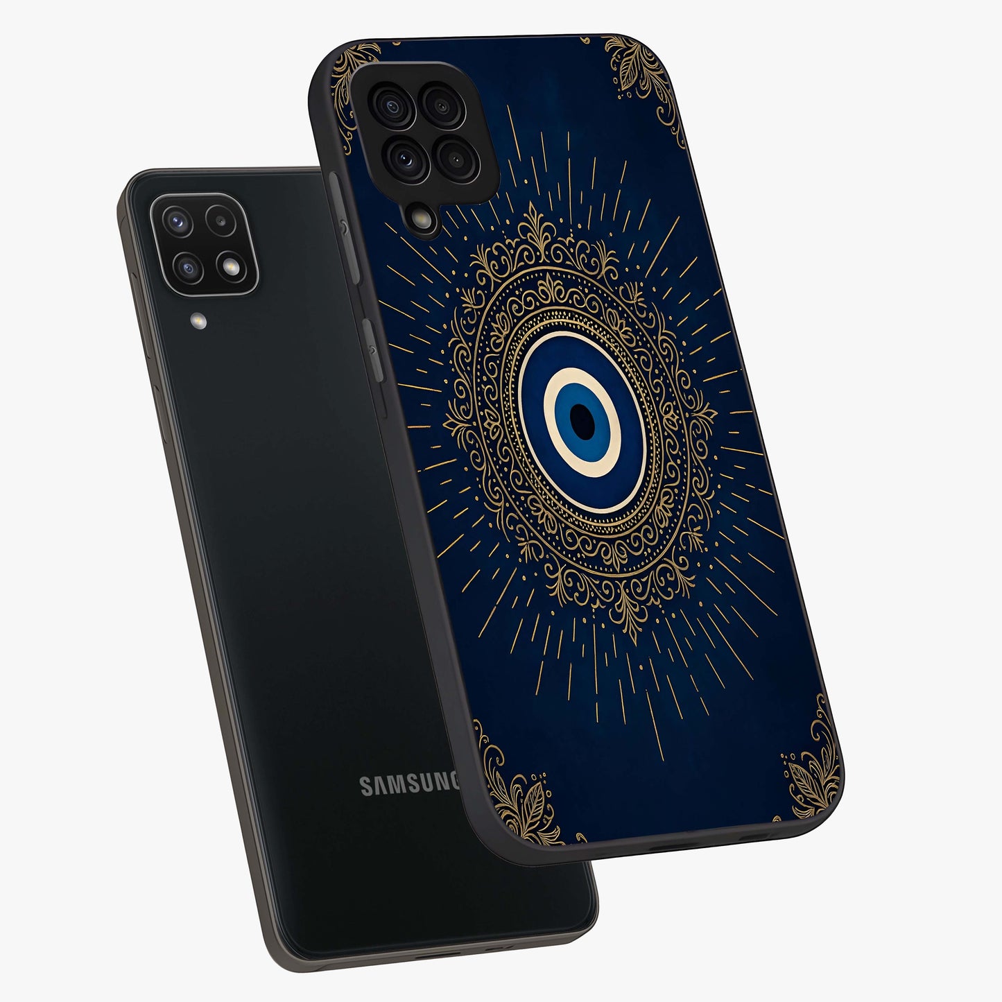 Golden Celestial Charm Glass Case displayed in angled mockup highlighting sparkling cosmic charm design with celestial aesthetic.