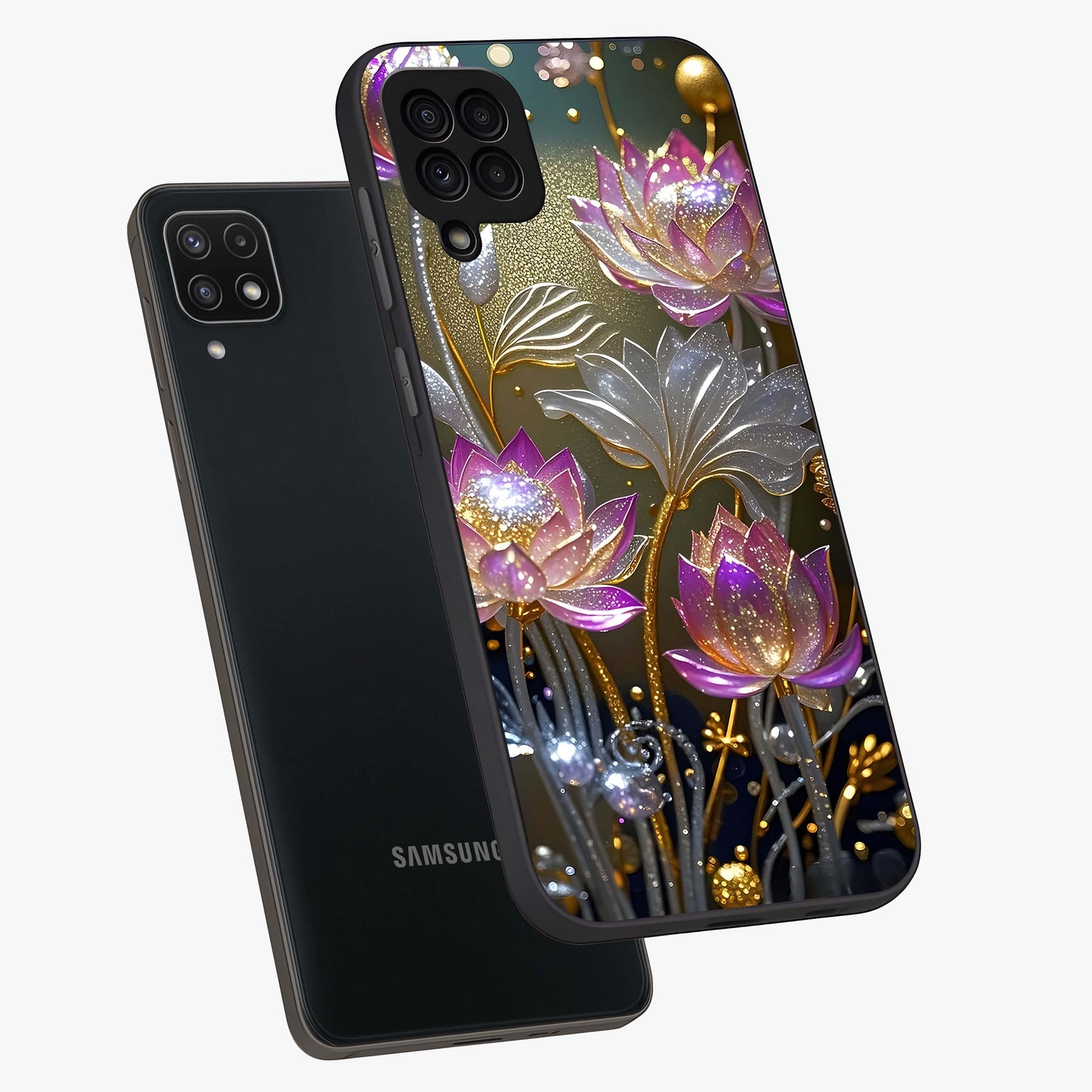Golden Floral Majesty Glass Case displayed in angled mockup highlighting elegant flower design with royal golden aesthetic.