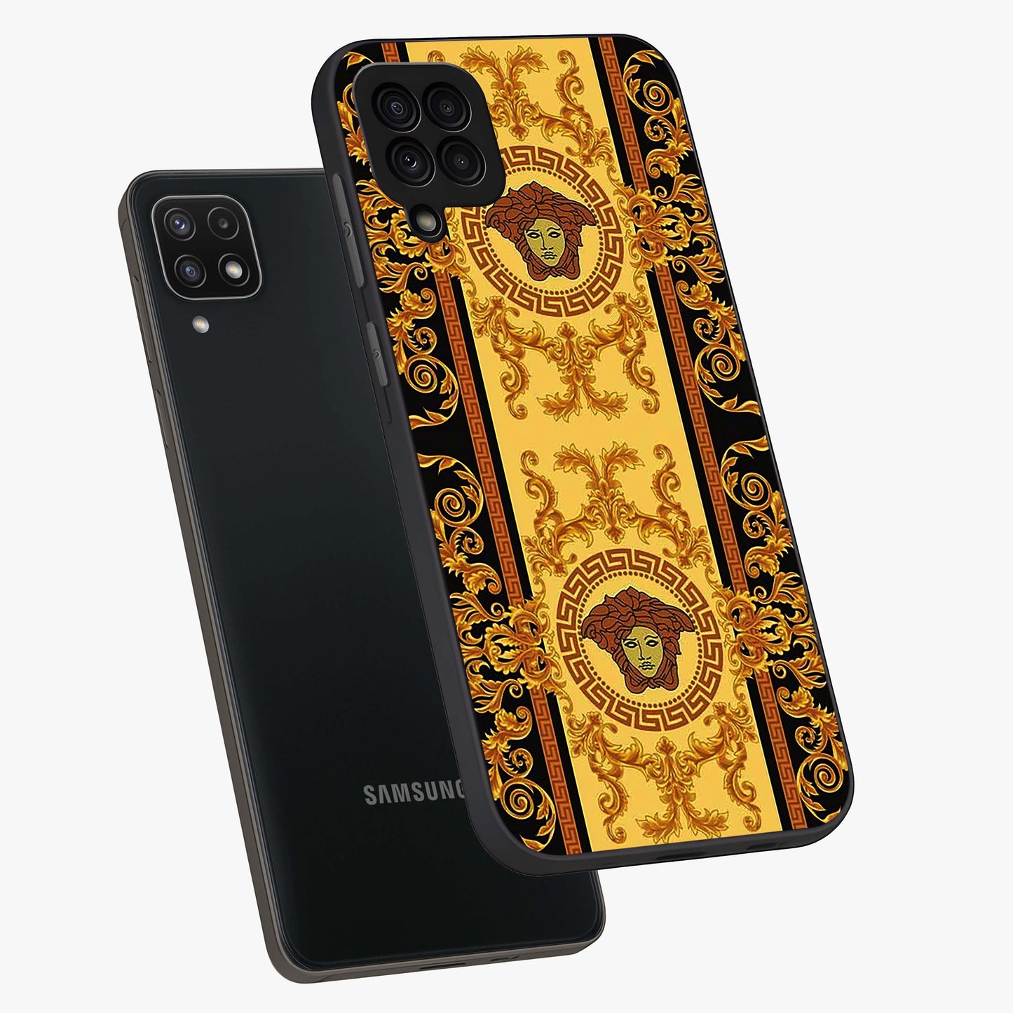 Golden Lotus Glow Glass Case displayed in angled mockup highlighting radiant lotus illustration with spiritual aesthetic.