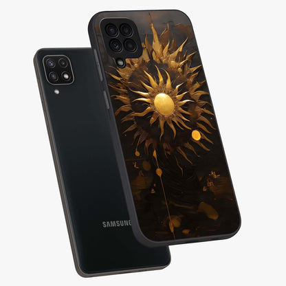 Golden Sun Majesty Glass Case displayed in angled mockup highlighting eerie shadow illustration with gothic aesthetic.