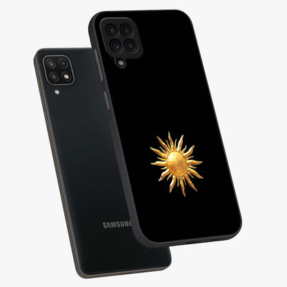 Golden Sun Minimalism Glass Case displayed in angled mockup highlighting eerie shadow illustration with gothic aesthetic.