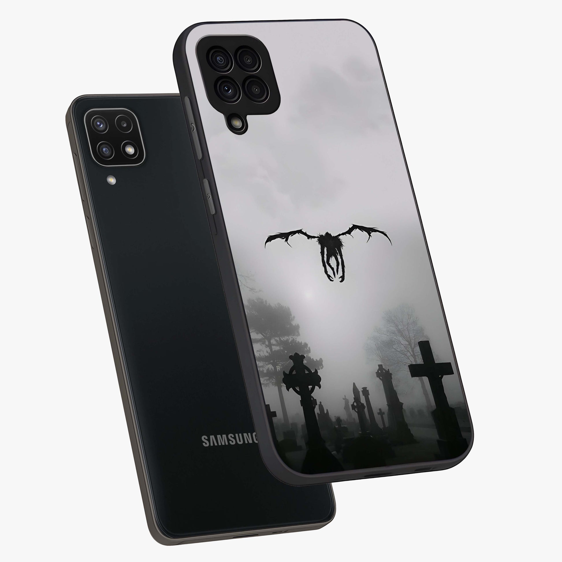Graveyard Shadow Descent Glass Case displayed in angled mockup highlighting eerie shadow illustration with gothic aesthetic.