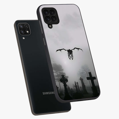 Graveyard Shadow Descent Glass Case displayed in angled mockup highlighting eerie shadow illustration with gothic aesthetic.