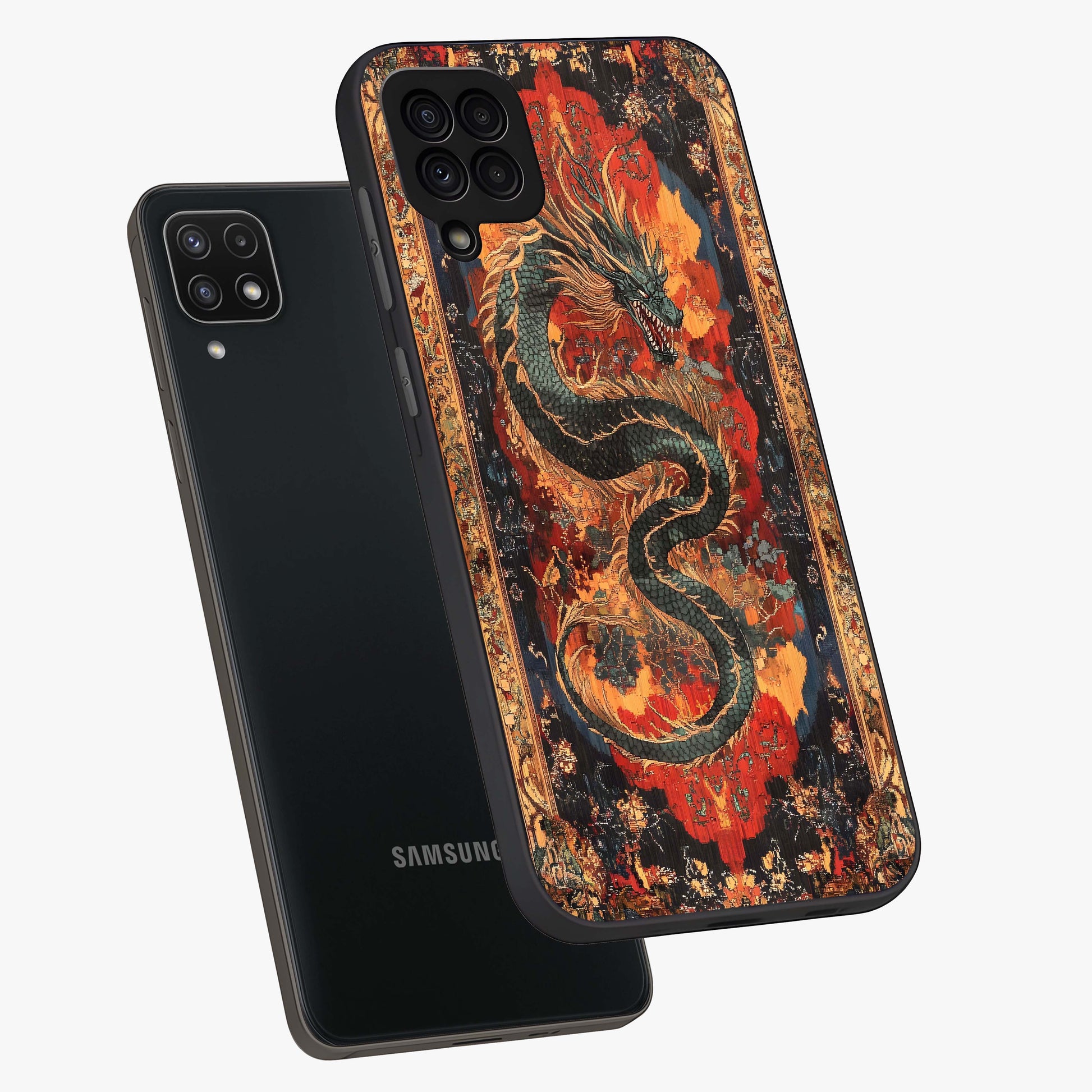 Inferno Dragon Soul Glass Case displayed in angled mockup highlighting powerful dragon illustration with inferno aesthetic.