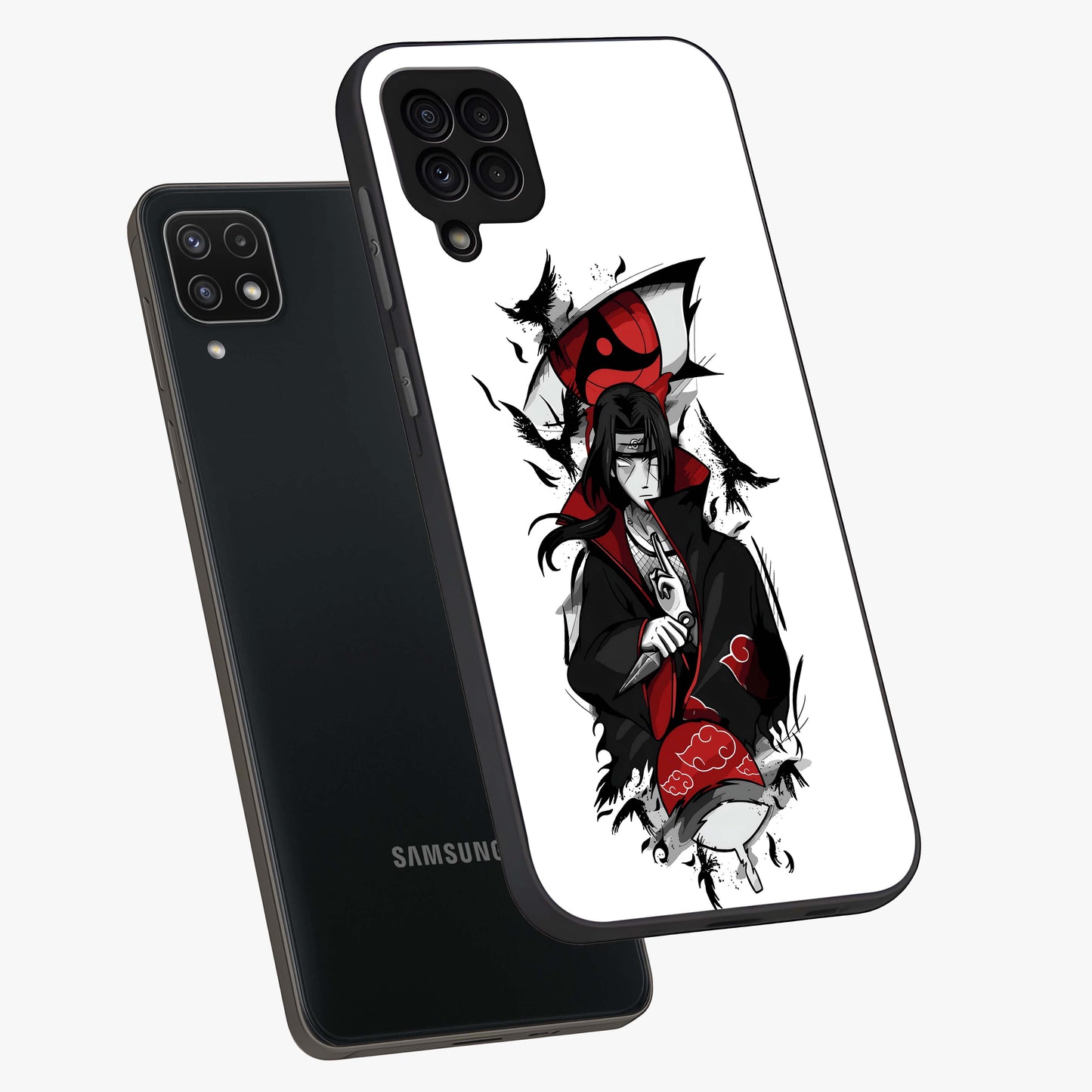 Itachi Limited Edition Naruto Anime Glass Case displayed in angled mockup highlighting dramatic anime illustration with bold action aesthetic.