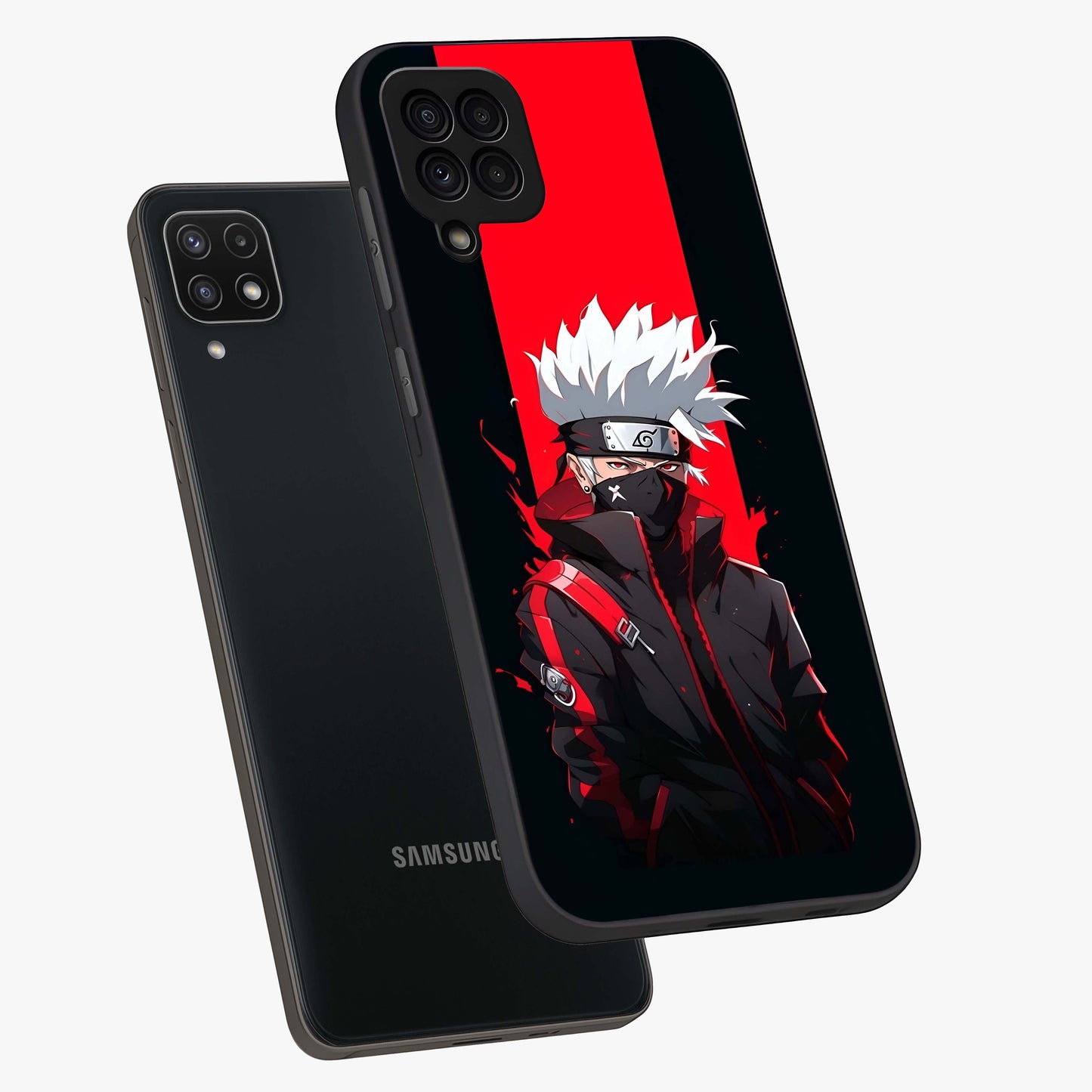 Kakashi Scarlet Shadow Glass Case displayed in angled mockup highlighting dramatic ninja illustration with scarlet themed aesthetic.