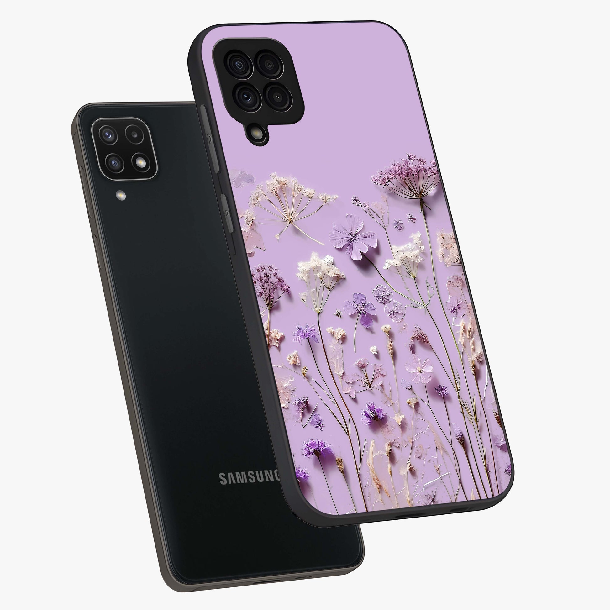 Lavender Blossom Dream Glass Case displayed in angled mockup highlighting dreamy lavender flower design with calming aesthetic style.