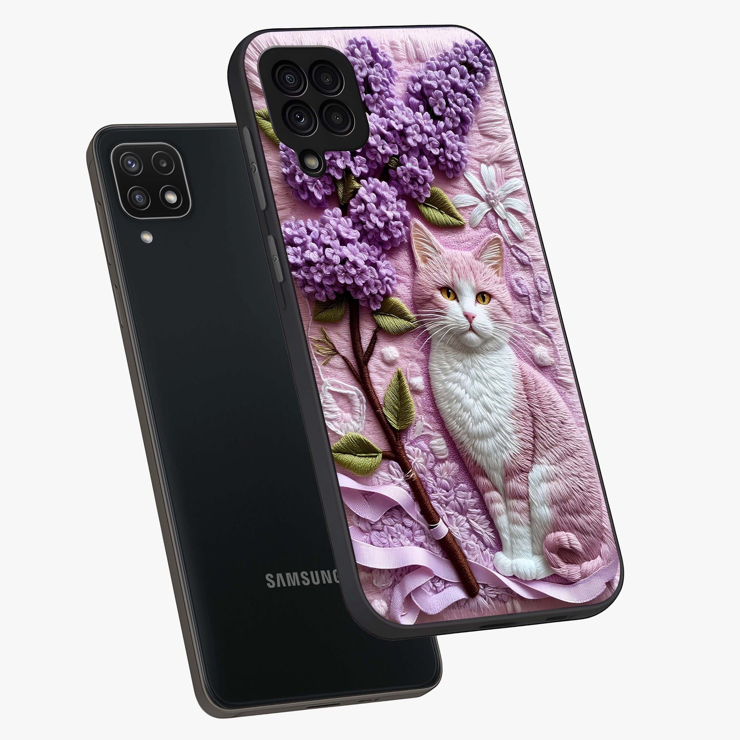 Lavender Cat Whimsy Glass Case displayed in angled mockup highlighting playful feline illustration with pastel lavender aesthetic.