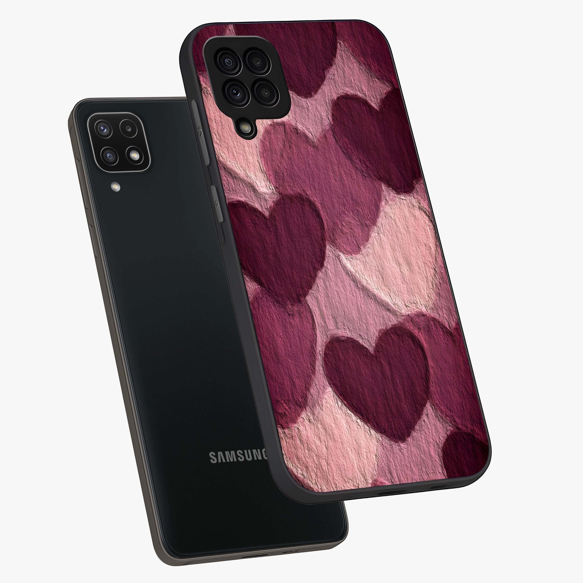 Layered Paper Hearts Glass Case displayed in angled mockup highlighting creative paper craft heart design with romantic aesthetic.