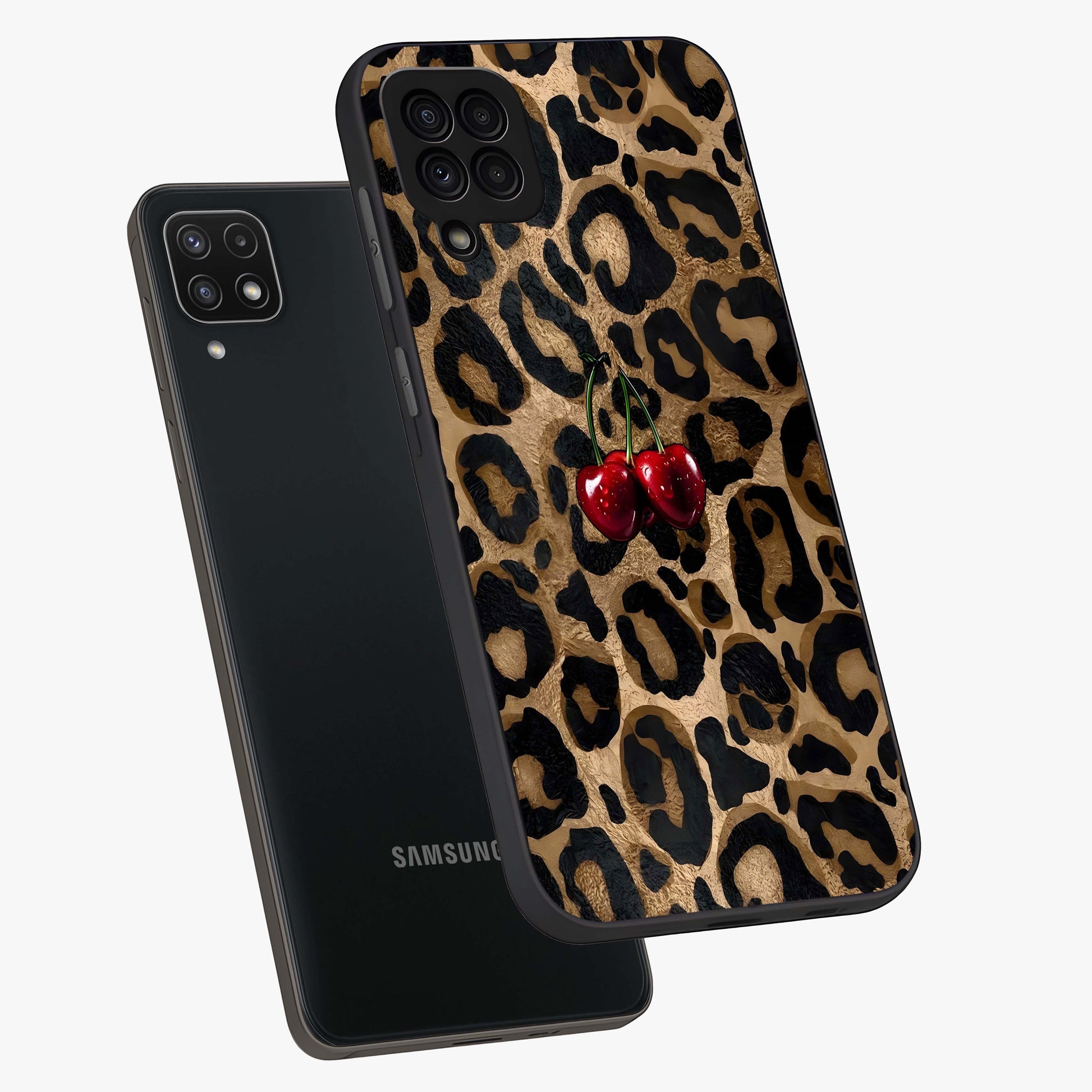 Leopard Wild Cherry Glass Case displayed in angled mockup highlighting bold animal print design with playful cherry aesthetic.