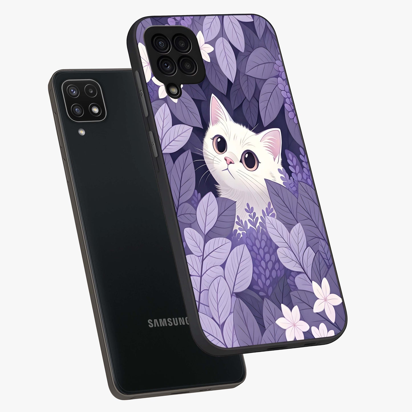 Lilac Hide Peek Cat Glass Case displayed in angled mockup highlighting playful feline illustration with lilac aesthetic design.