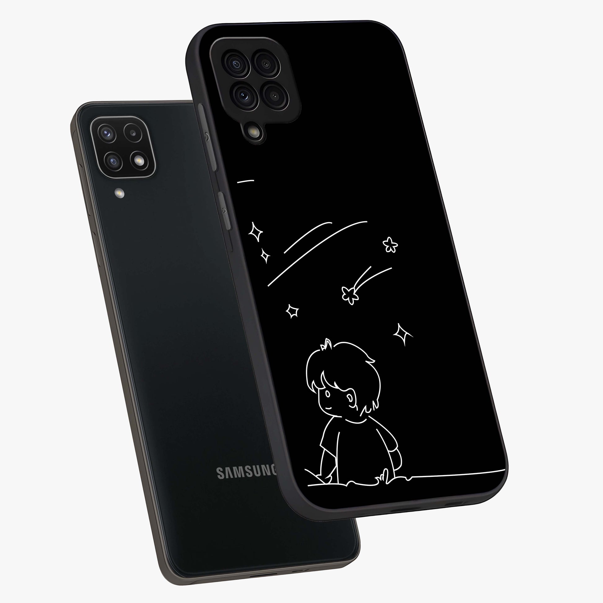 Line Art Boy With Shooting Stars Glass Case displayed in angled mockup highlighting elegant line art design with dreamy star aesthetic.