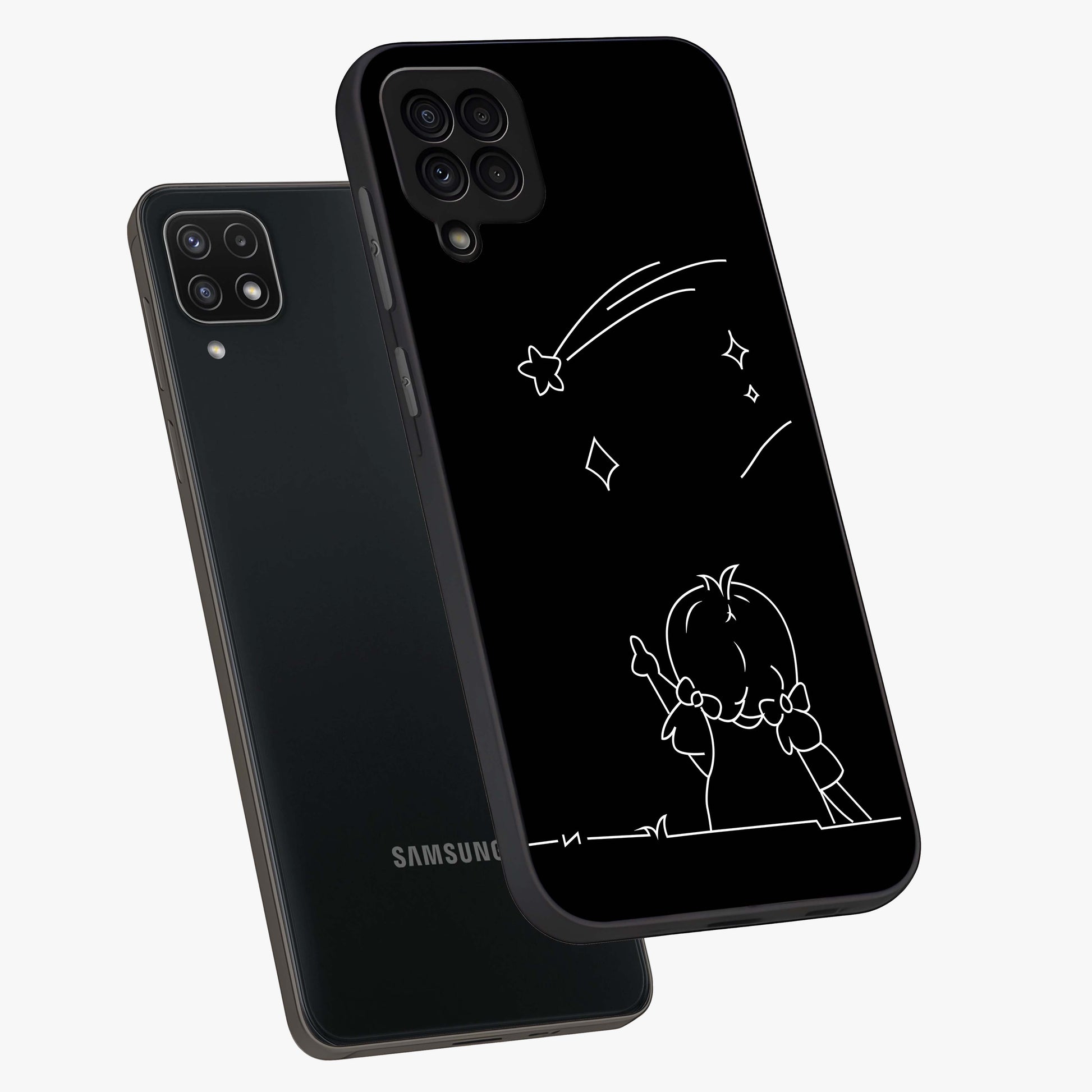 Line Art Girl With Shooting Stars Glass Case displayed in angled mockup highlighting elegant line art design with dreamy star aesthetic.