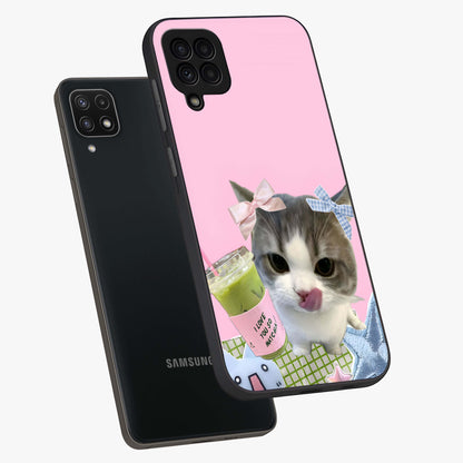 Love Matcha Cat Glass Case displayed in angled mockup highlighting playful feline illustration with cozy matcha aesthetic.