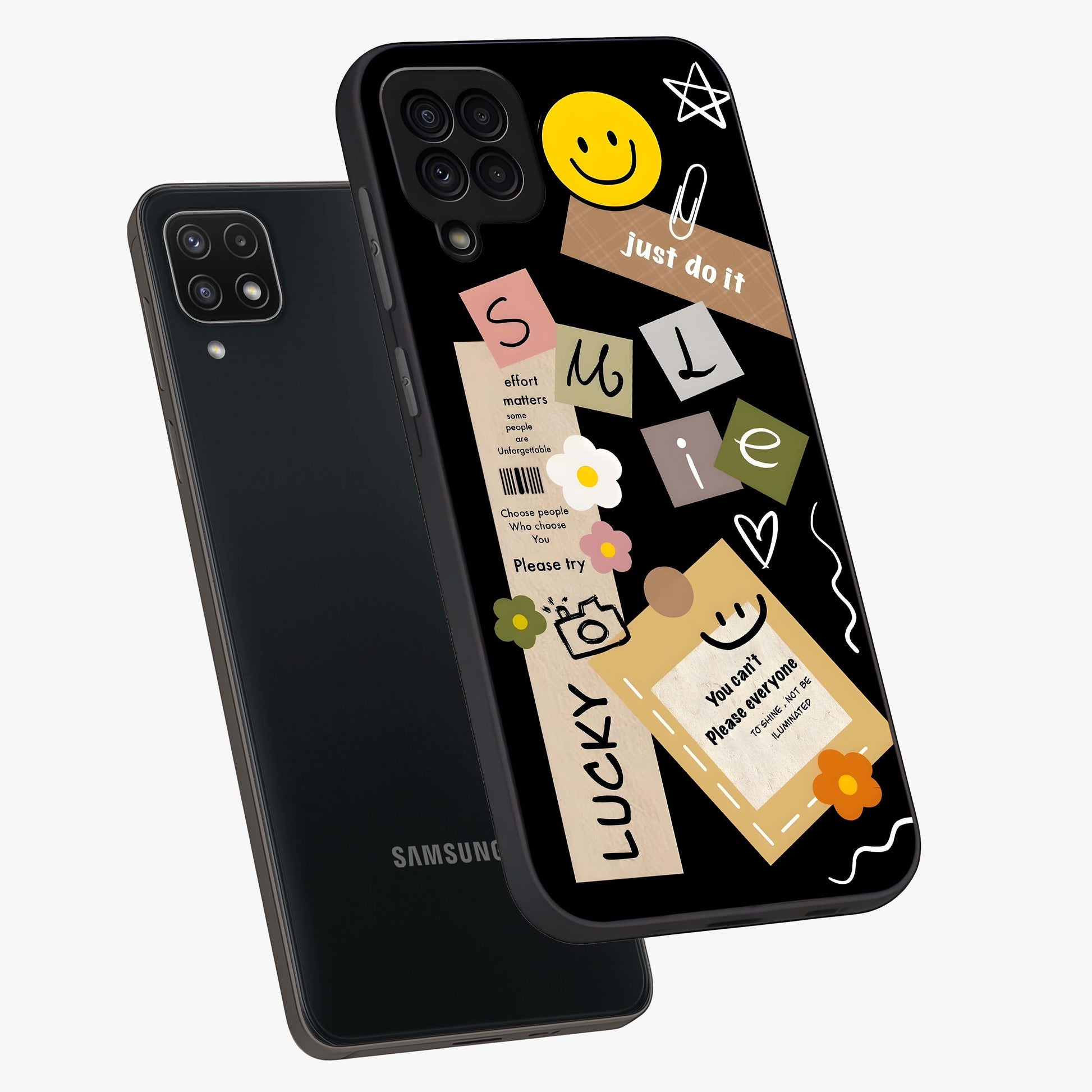 Lucky Aesthetic Collage Glass Case displayed in angled mockup highlighting stylish collage pattern with modern aesthetic vibe.