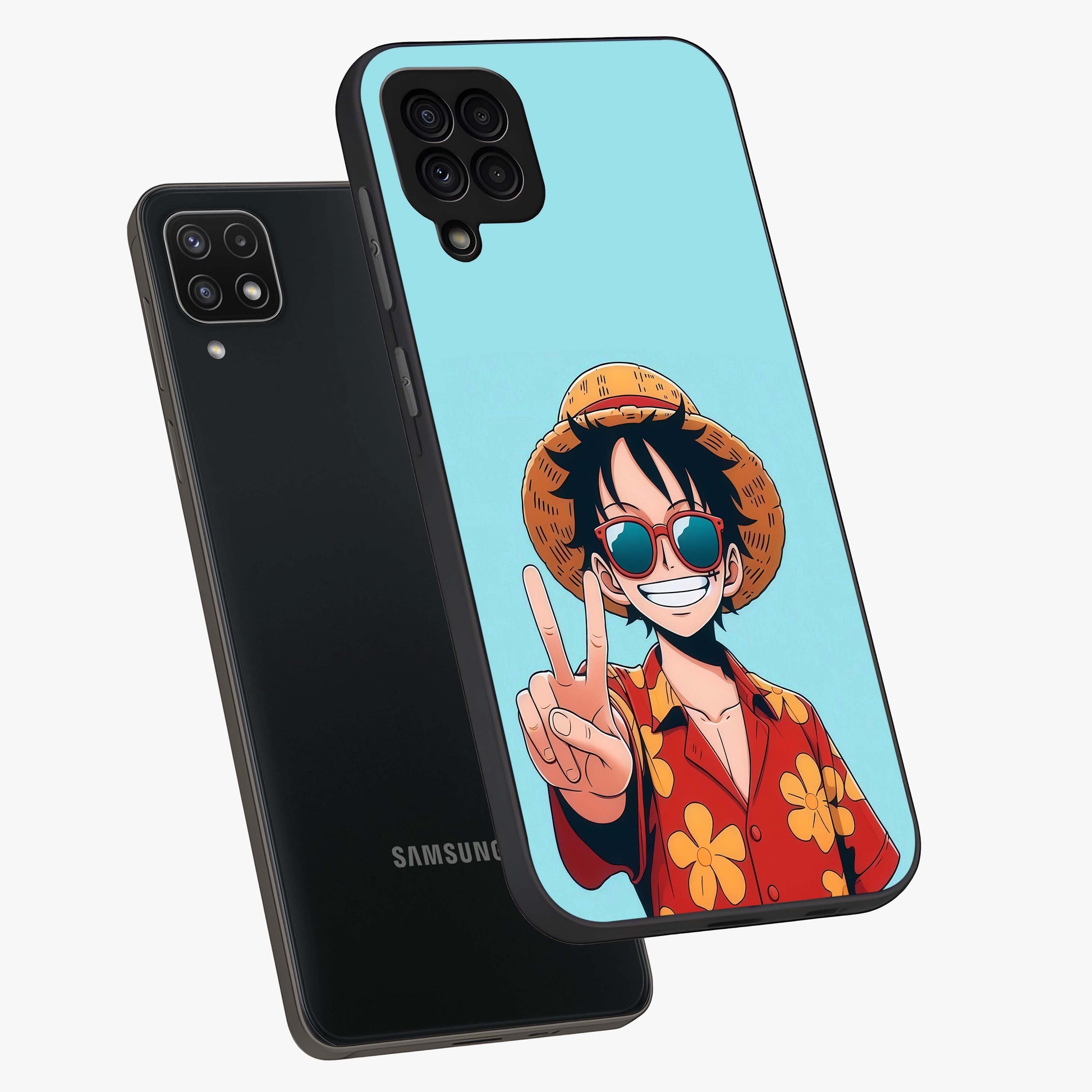 Luffy Summer Anime Vibe Glass Case displayed in angled mockup highlighting energetic anime illustration with summer vibe aesthetic.