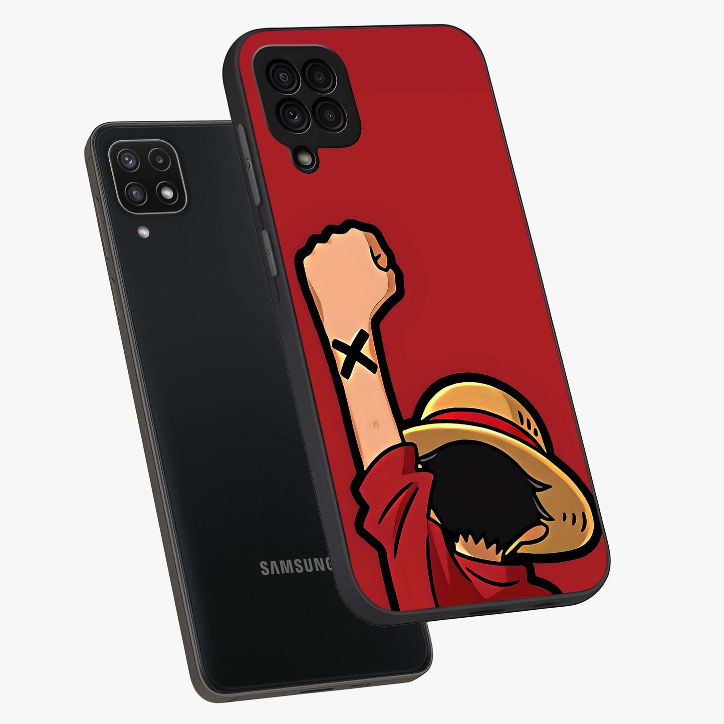 Luffy X Spirit Glass Case displayed in angled mockup highlighting powerful anime design with energetic action aesthetic.