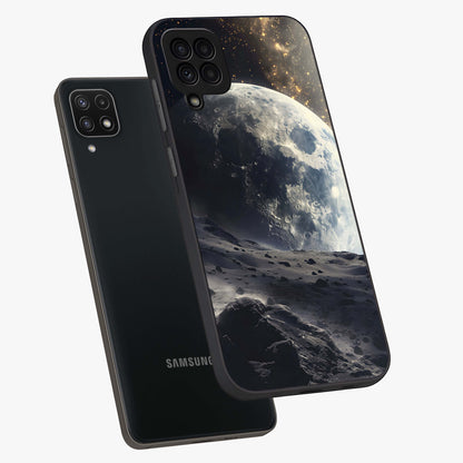 Lunar Horizon Glow Glass Case displayed in angled mockup highlighting celestial moon design with dreamy night aesthetic.