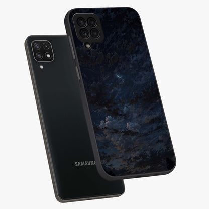 Lunar Veil Silence Glass Case displayed in angled mockup highlighting soft lunar design with peaceful celestial aesthetic.
