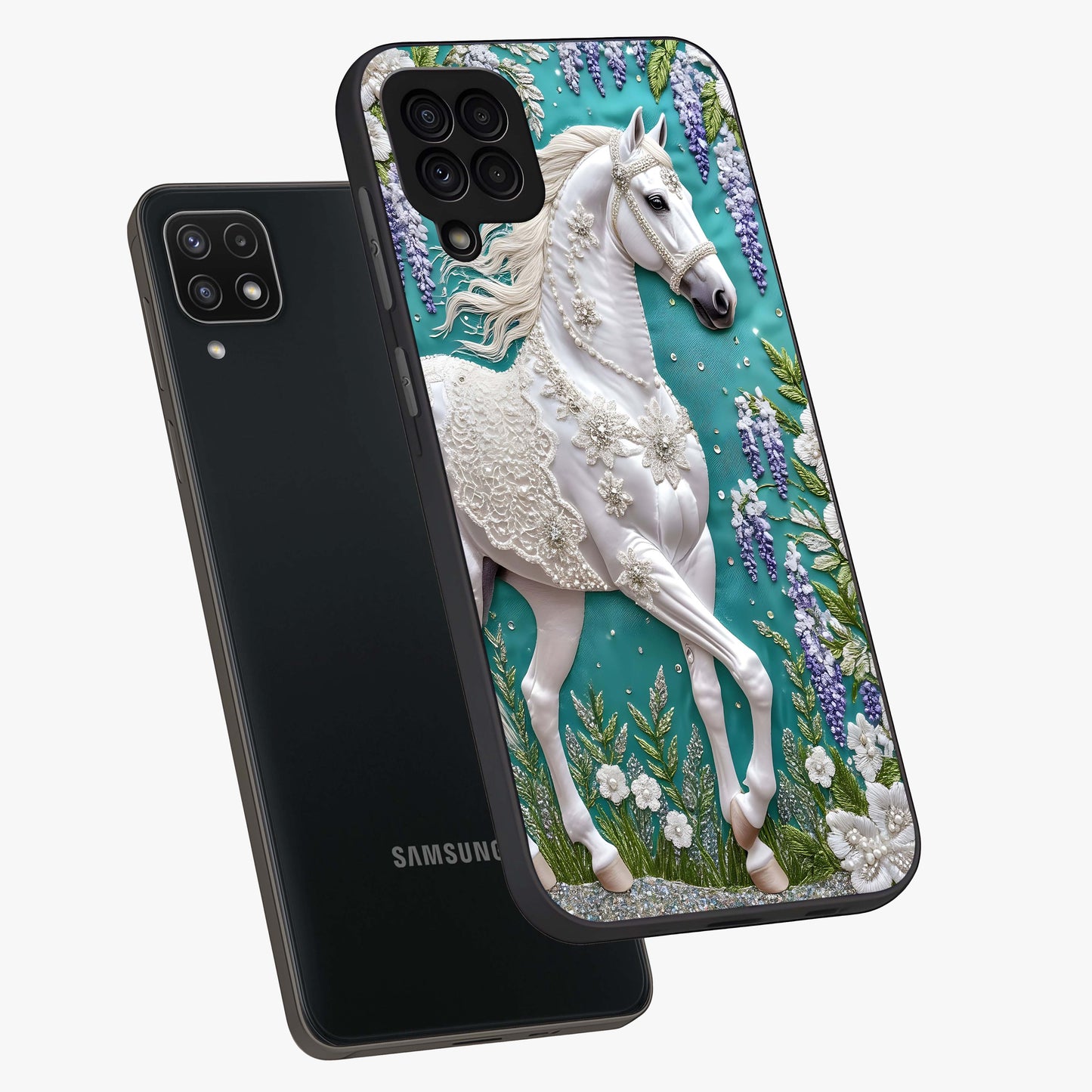 Majestic Floral Stallion Glass Case displayed in angled mockup highlighting majestic stallion illustration with elegant floral aesthetic.