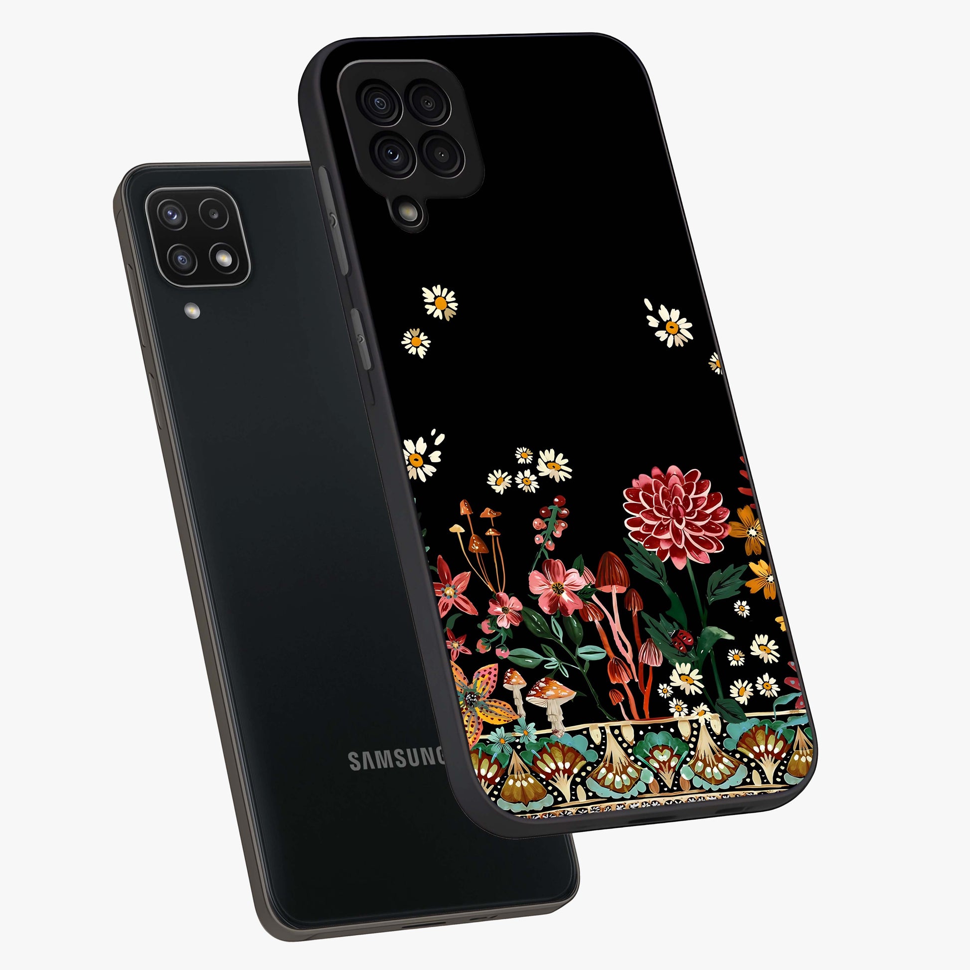 Midnight Bloom Pattern Glass Case displayed in angled mockup highlighting elegant flower design with midnight aesthetic style.