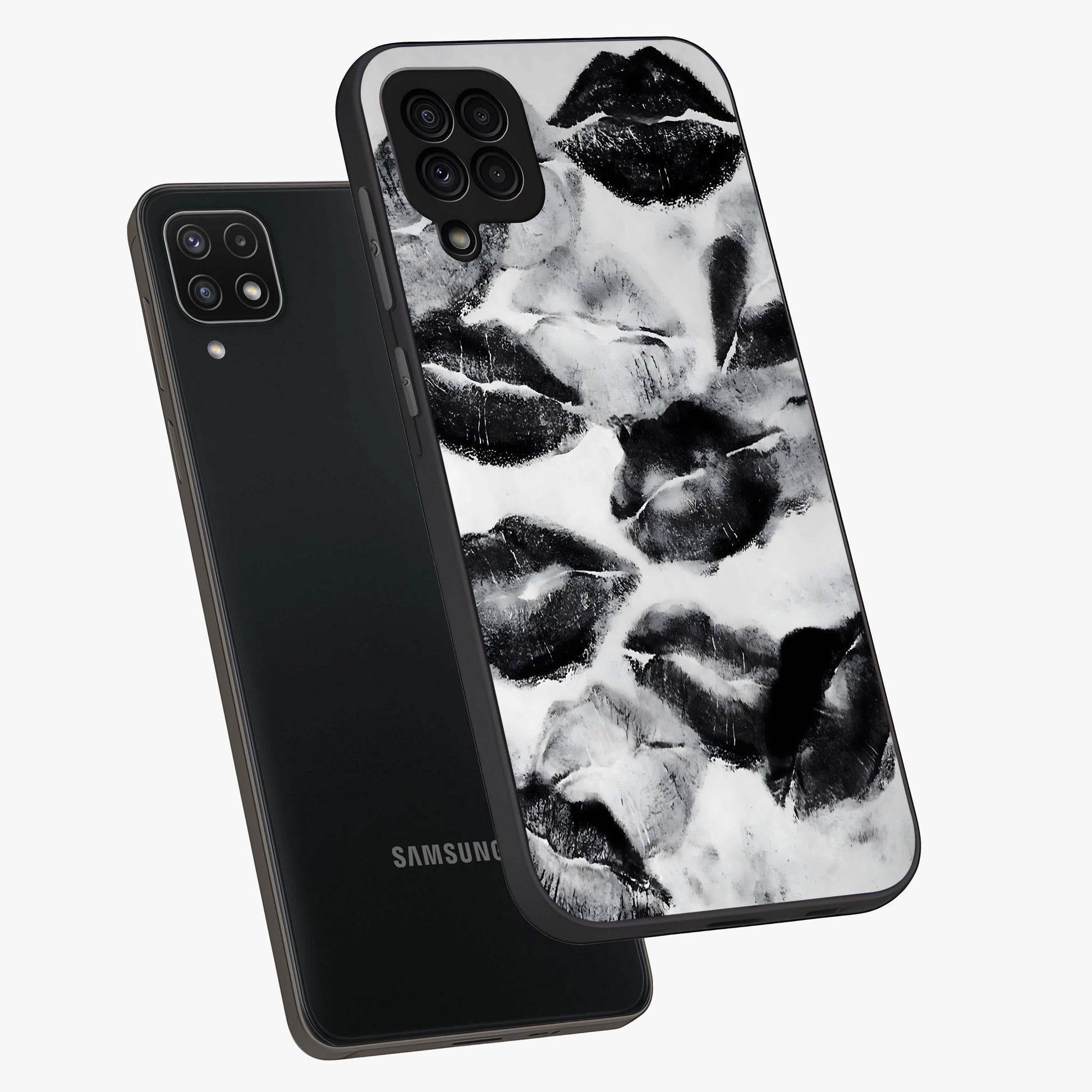 Midnight Kiss Marks Glass Case displayed in angled mockup highlighting playful romantic design with bold midnight aesthetic.