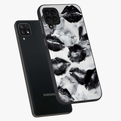 Midnight Kiss Marks Glass Case displayed in angled mockup highlighting playful romantic design with bold midnight aesthetic.