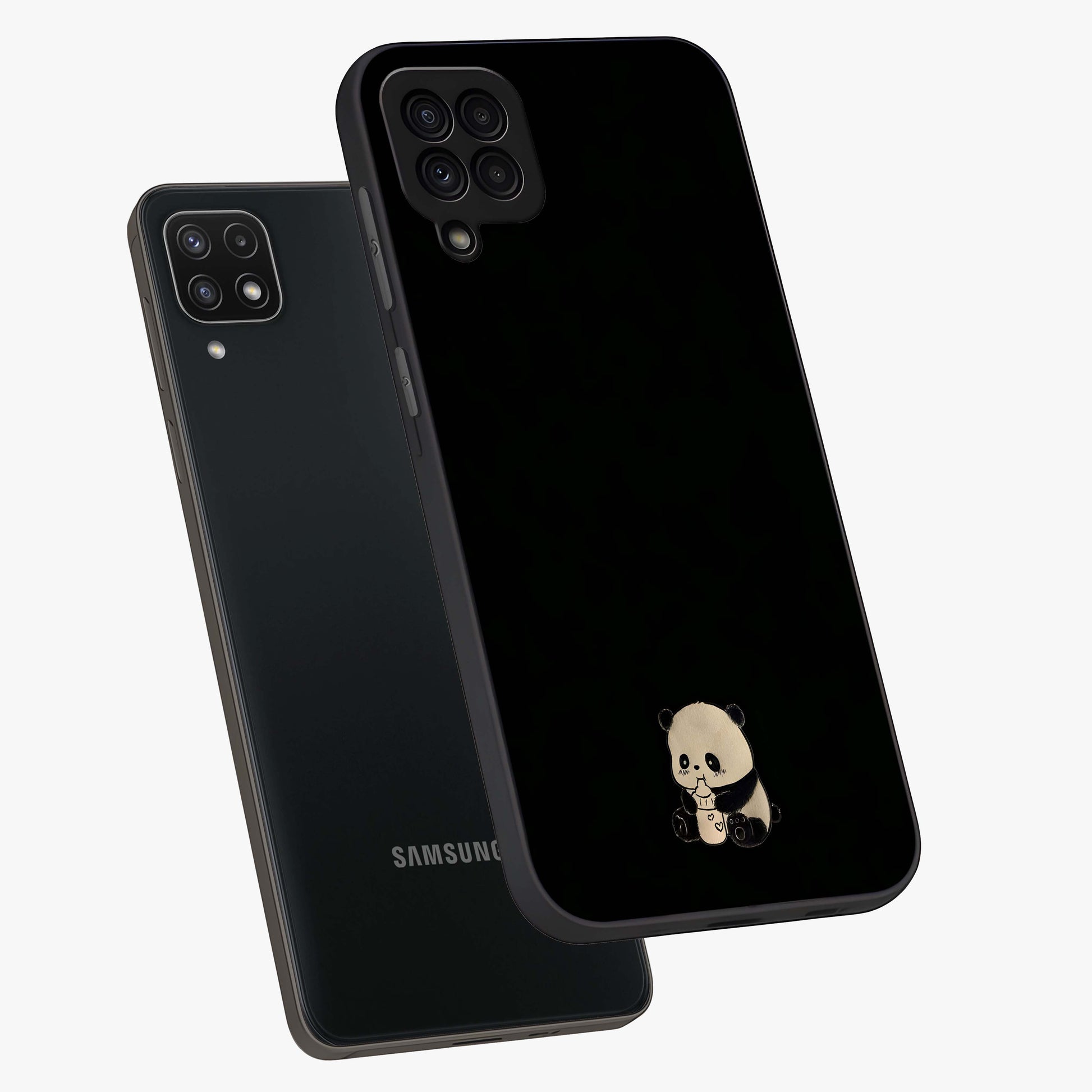 Midnight Panda Love Glass Case displayed in angled mockup highlighting adorable panda illustration with midnight aesthetic.