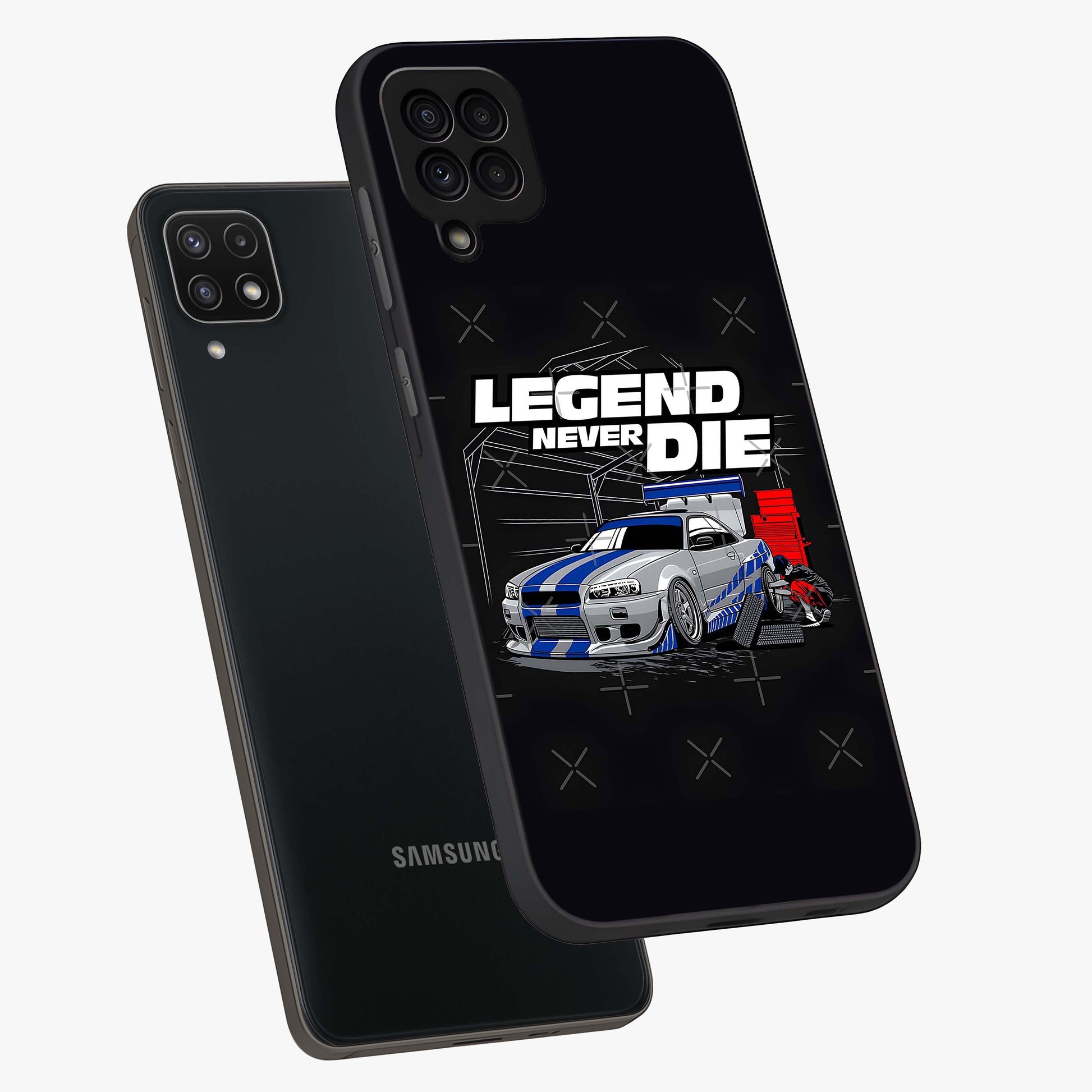 Midnight Racing Legacy Glass Case displayed in angled mockup highlighting dynamic automotive design with bold midnight aesthetic.