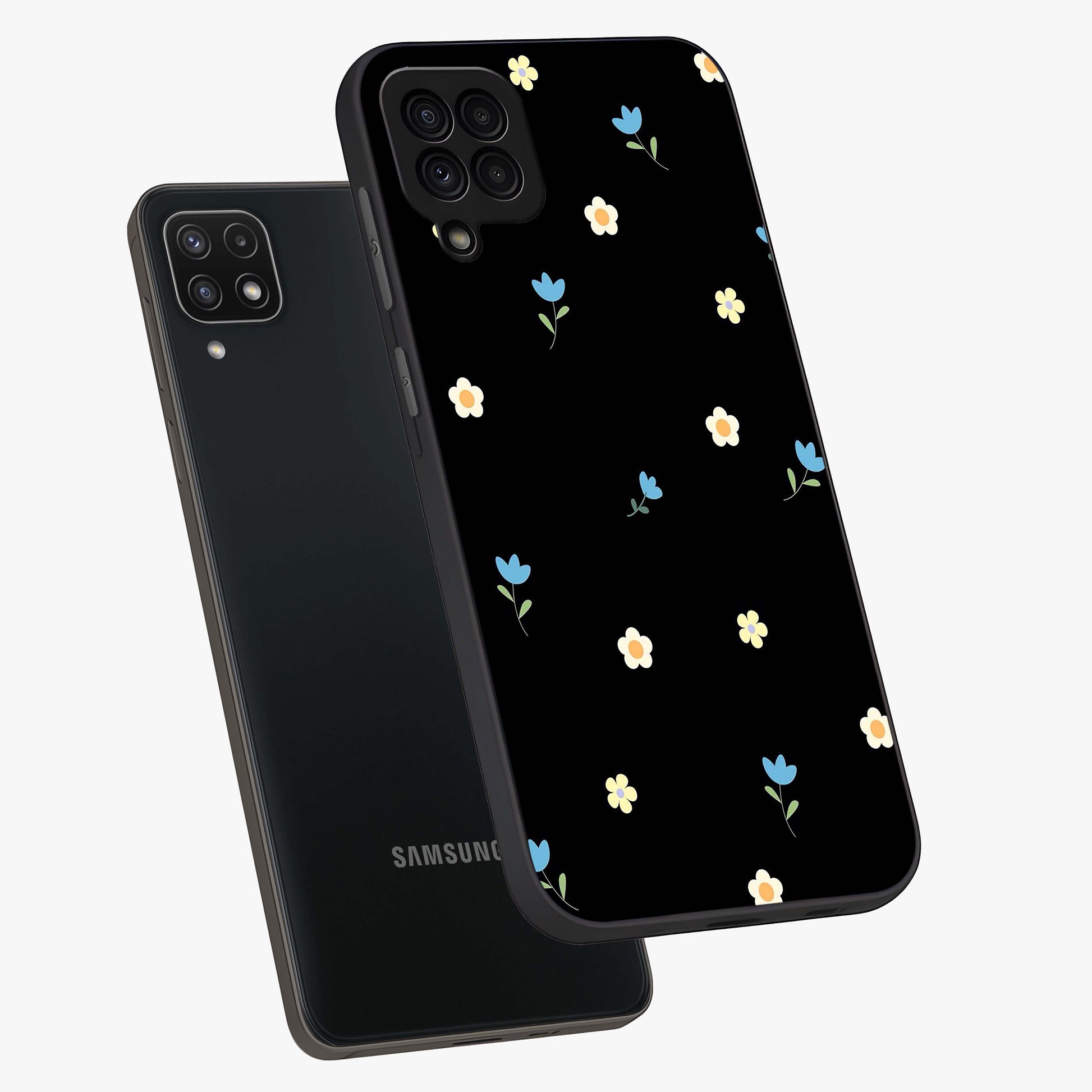 Minimal Petal Whispers Glass Case displayed in angled mockup highlighting delicate petal design with clean minimal aesthetic.