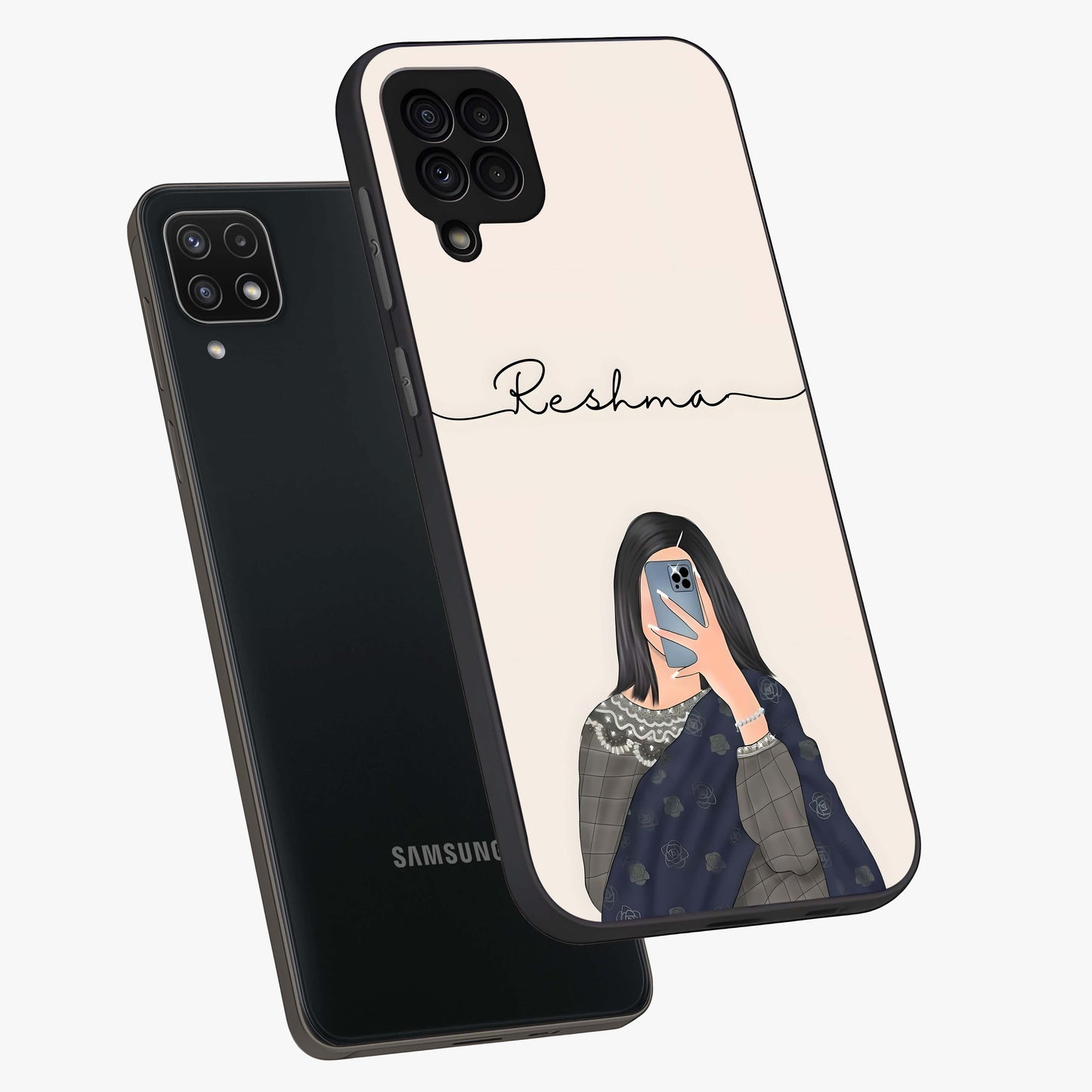 Mirror Mood Muse With Custom Name Glass Case displayed in angled mockup highlighting aesthetic mirror inspired design with custom name feature.