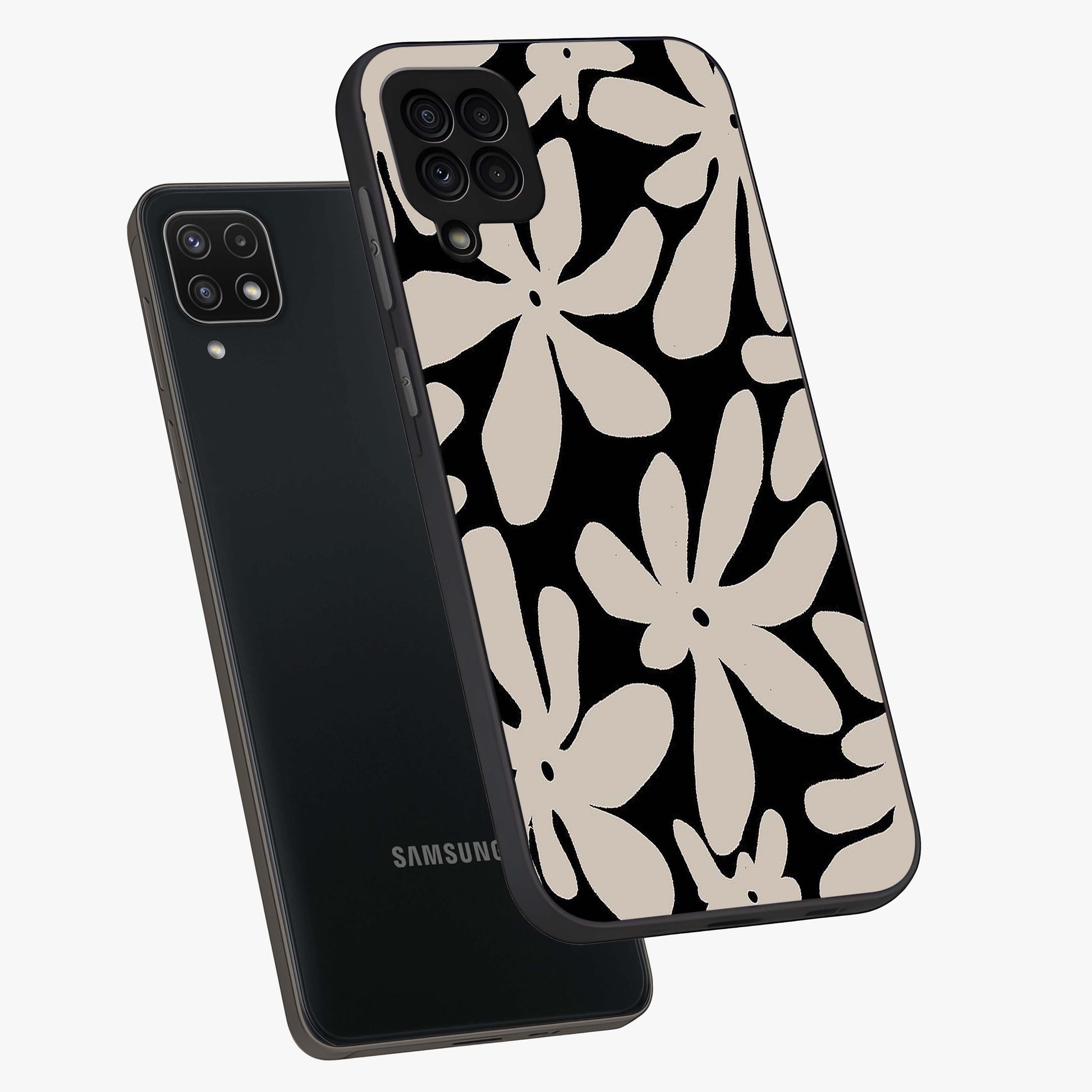 Monochrome Petal Dance Glass Case displayed in angled mockup highlighting elegant petal design with black and white aesthetic.