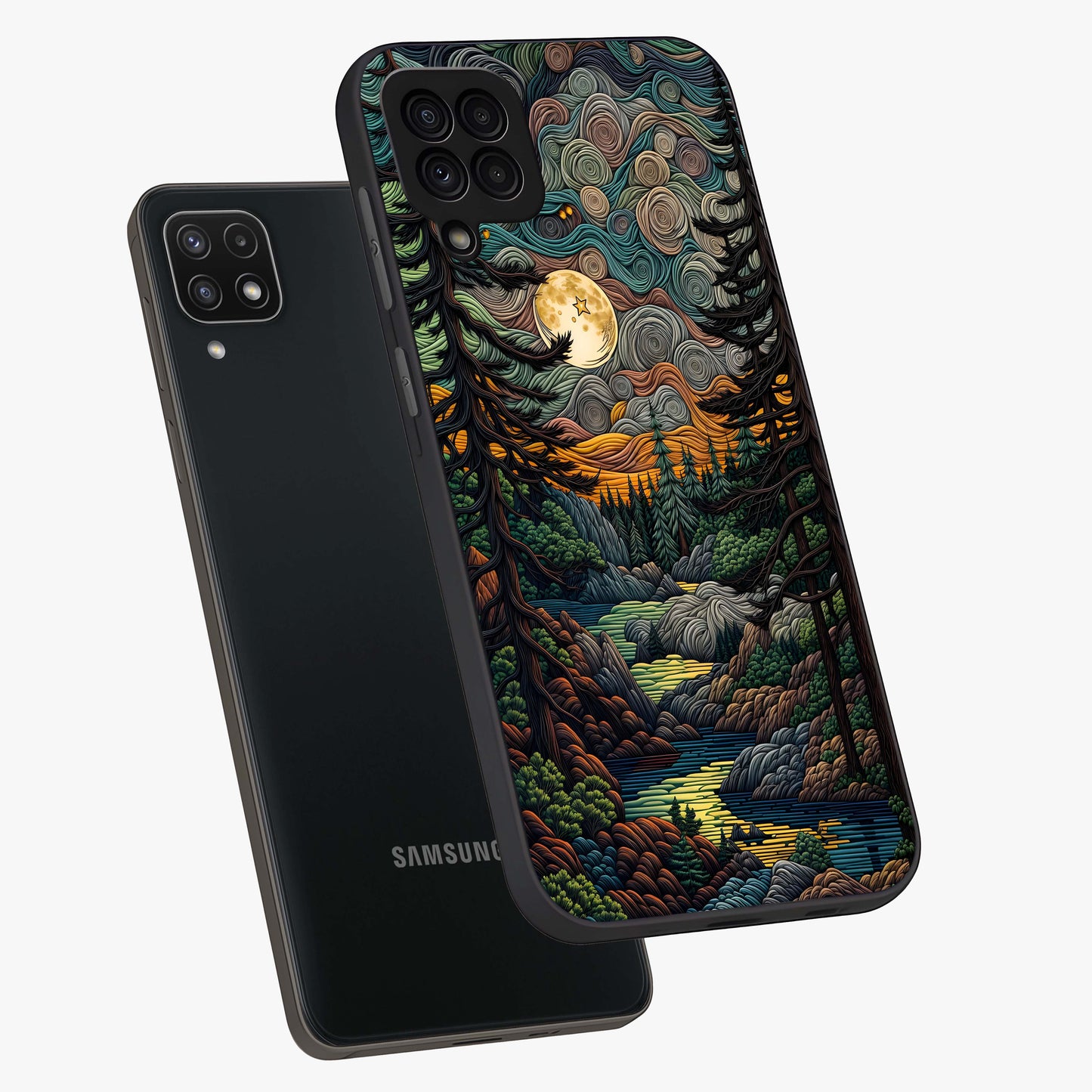 Moonlight Forest Dream Glass Case displayed in angled mockup highlighting dreamy forest design with glowing moon aesthetic.