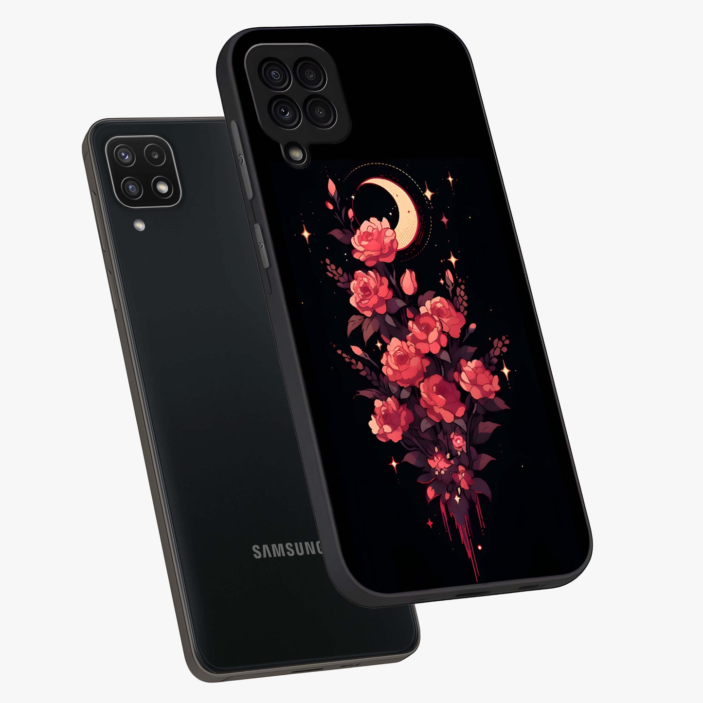 Moonlit Floral Elegance Glass Case displayed in angled mockup highlighting graceful flower design with soft moonlight aesthetic.