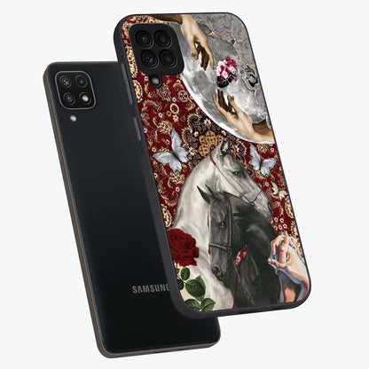 Moonlit Royal Stallion Glass Case displayed in angled mockup highlighting powerful stallion illustration with royal night aesthetic.