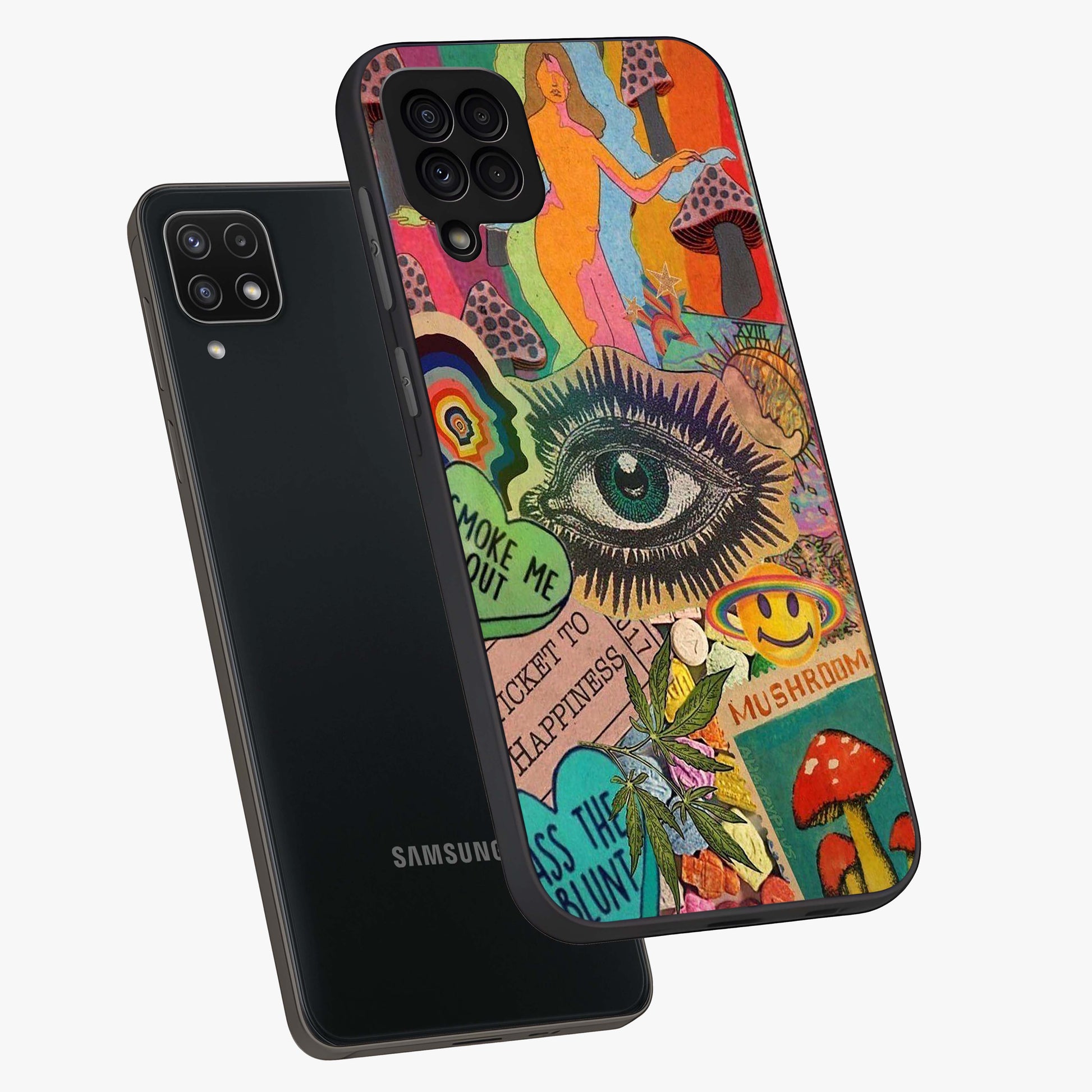 Mystic Eye Wonderland Glass Case displayed in angled mockup highlighting magical eye illustration with dreamy aesthetic.