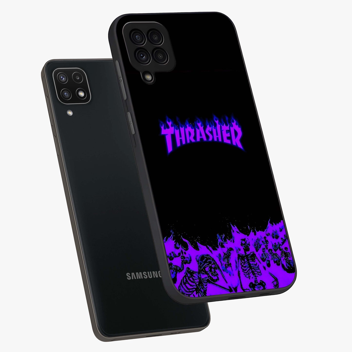 Neon Flame Riot Glass Case displayed in angled mockup highlighting glowing flame design with vibrant neon aesthetic.