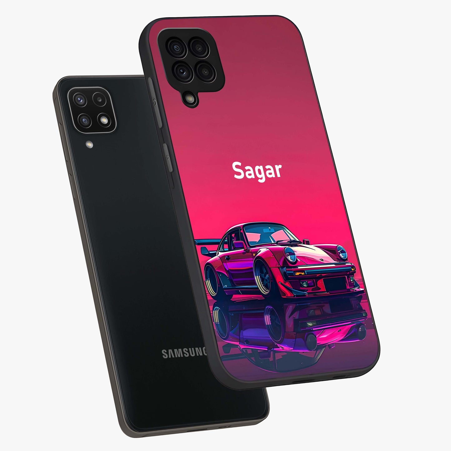 Neon Pink Porsche Glass Case displayed in angled mockup highlighting sleek neon pink car design with racing aesthetic.