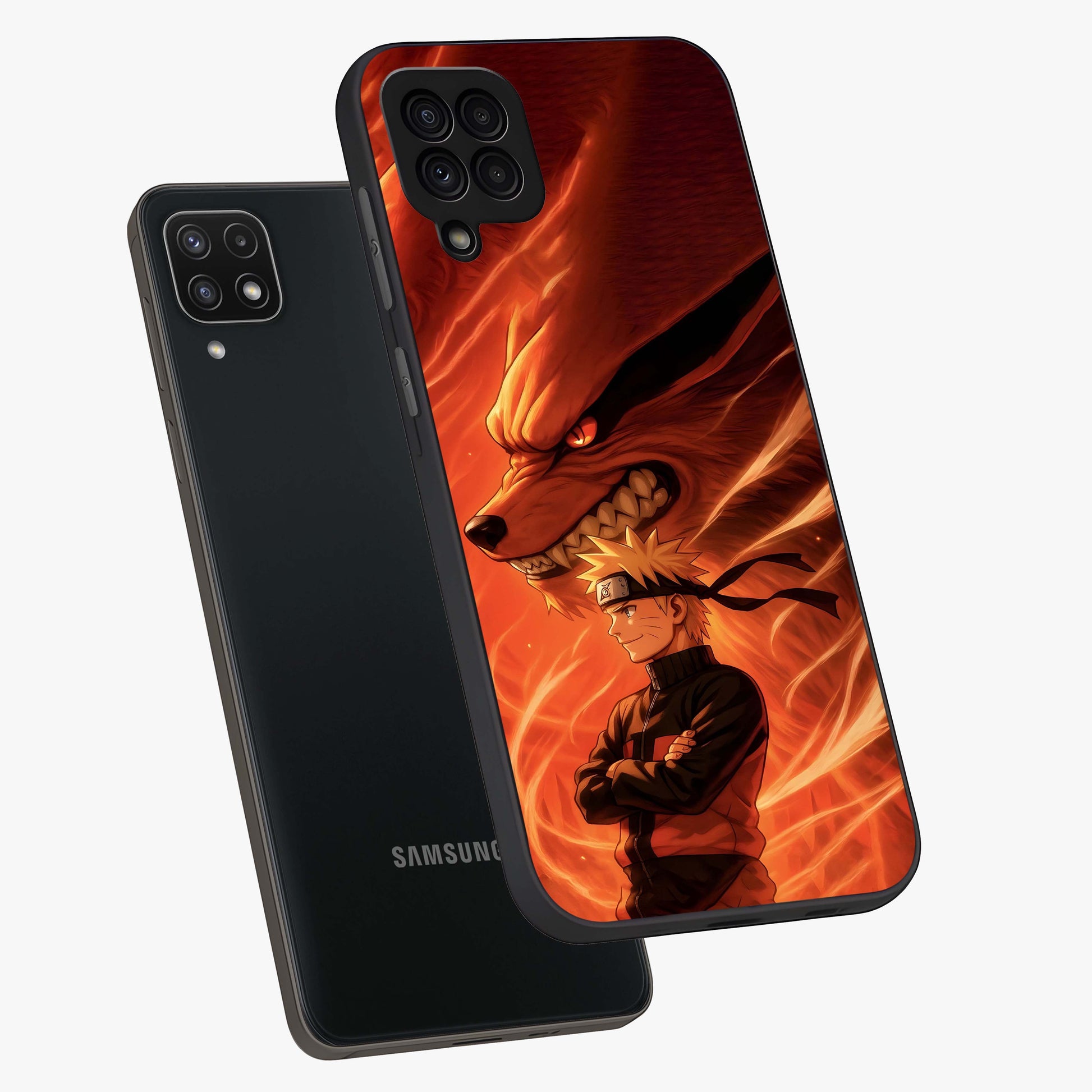 Nine Tails Legacy Glass Case displayed in angled mockup highlighting dynamic anime beast illustration with bold mystical aesthetic.