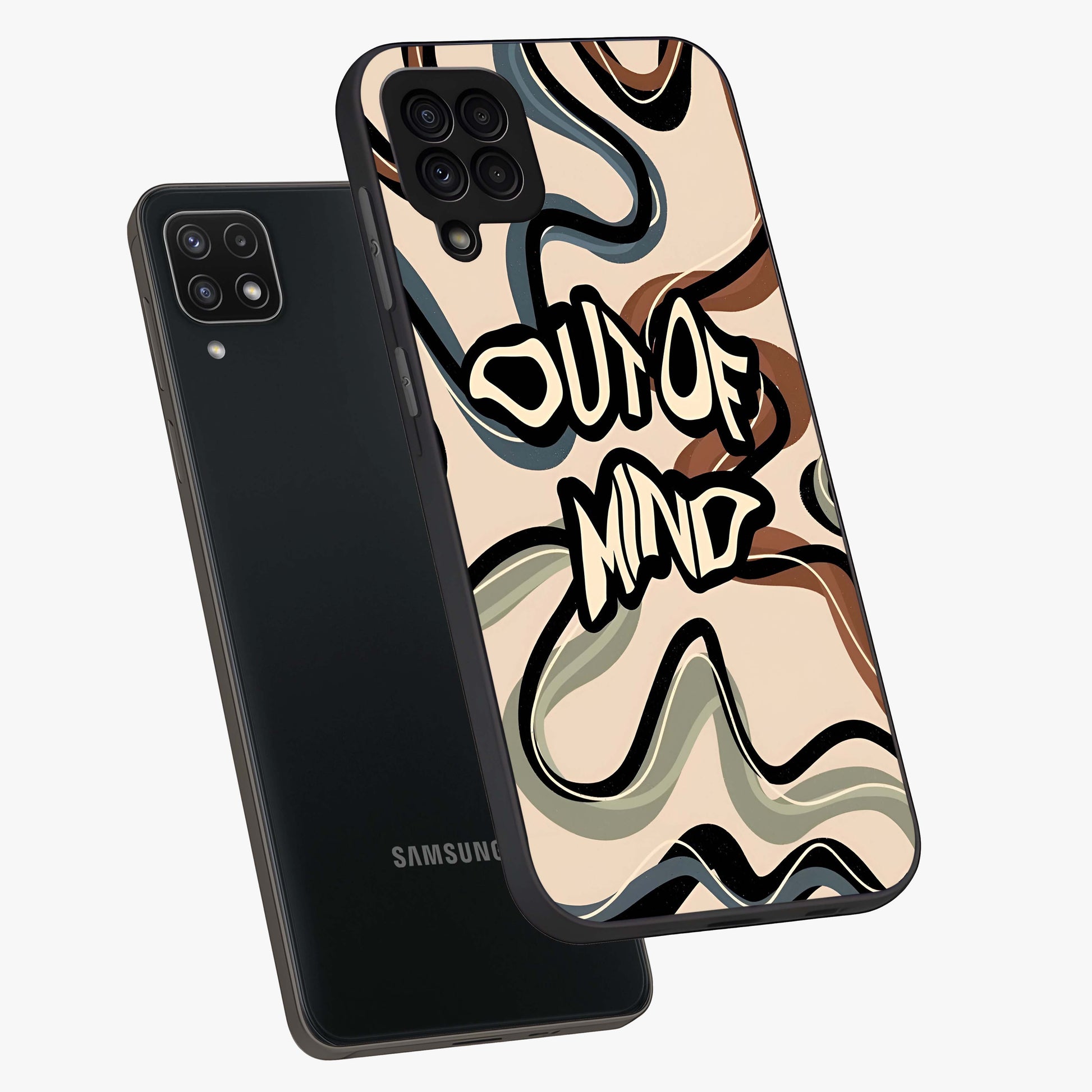 Out Of Mind Glass Case displayed in angled mockup highlighting bold statement design with modern artistic aesthetic.