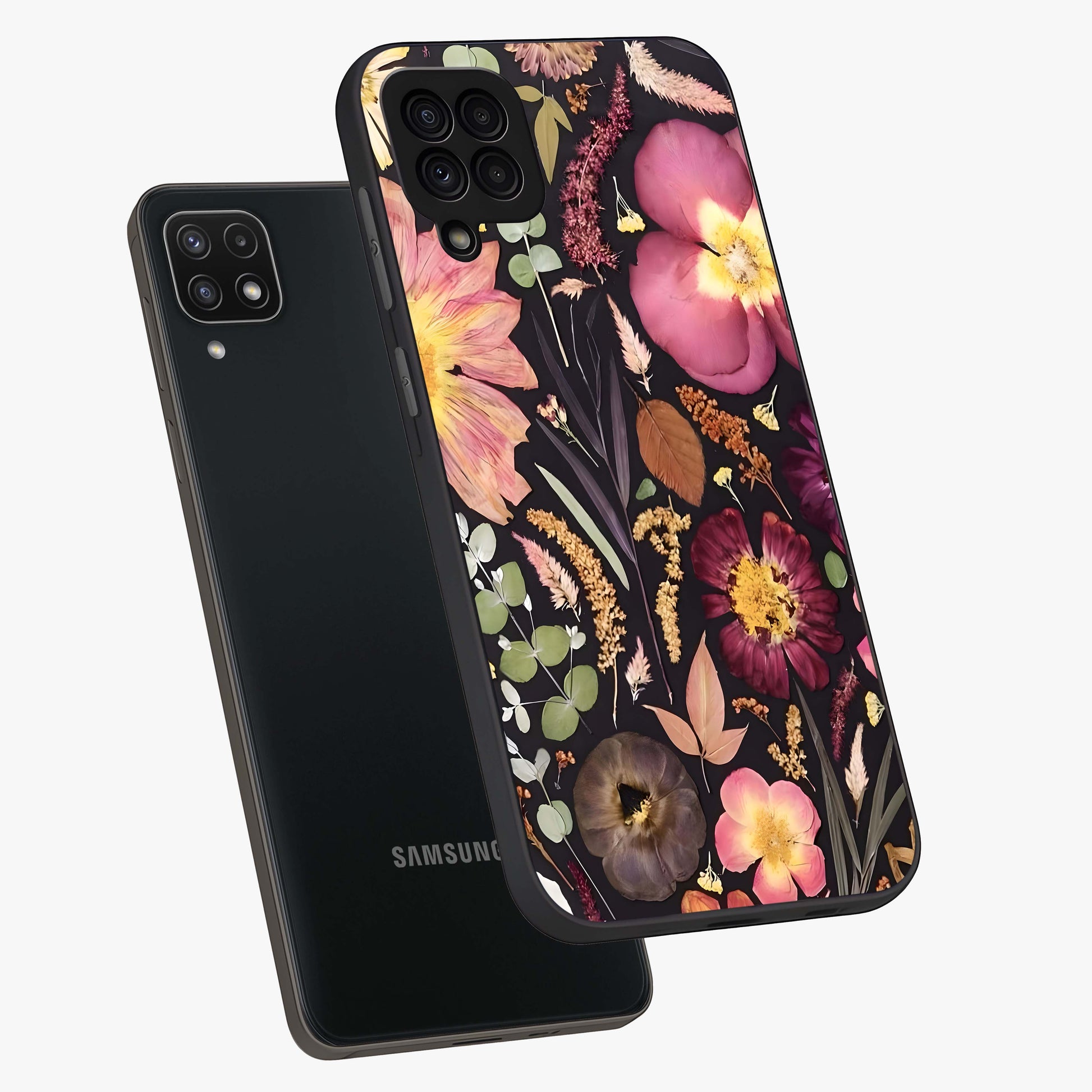 Petal Dream Tapestry Glass Case displayed in angled mockup highlighting decorative petal pattern with elegant botanical aesthetic.