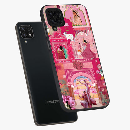 Pink Palace Muse Glass Case displayed in angled mockup highlighting dreamy palace illustration with soft pink aesthetic.