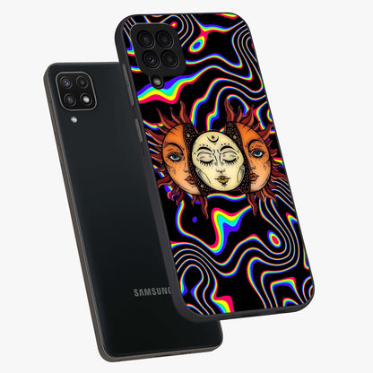 Psychedelic Sun Glass Case displayed in angled mockup highlighting vibrant abstract sun design with artistic aesthetic style.